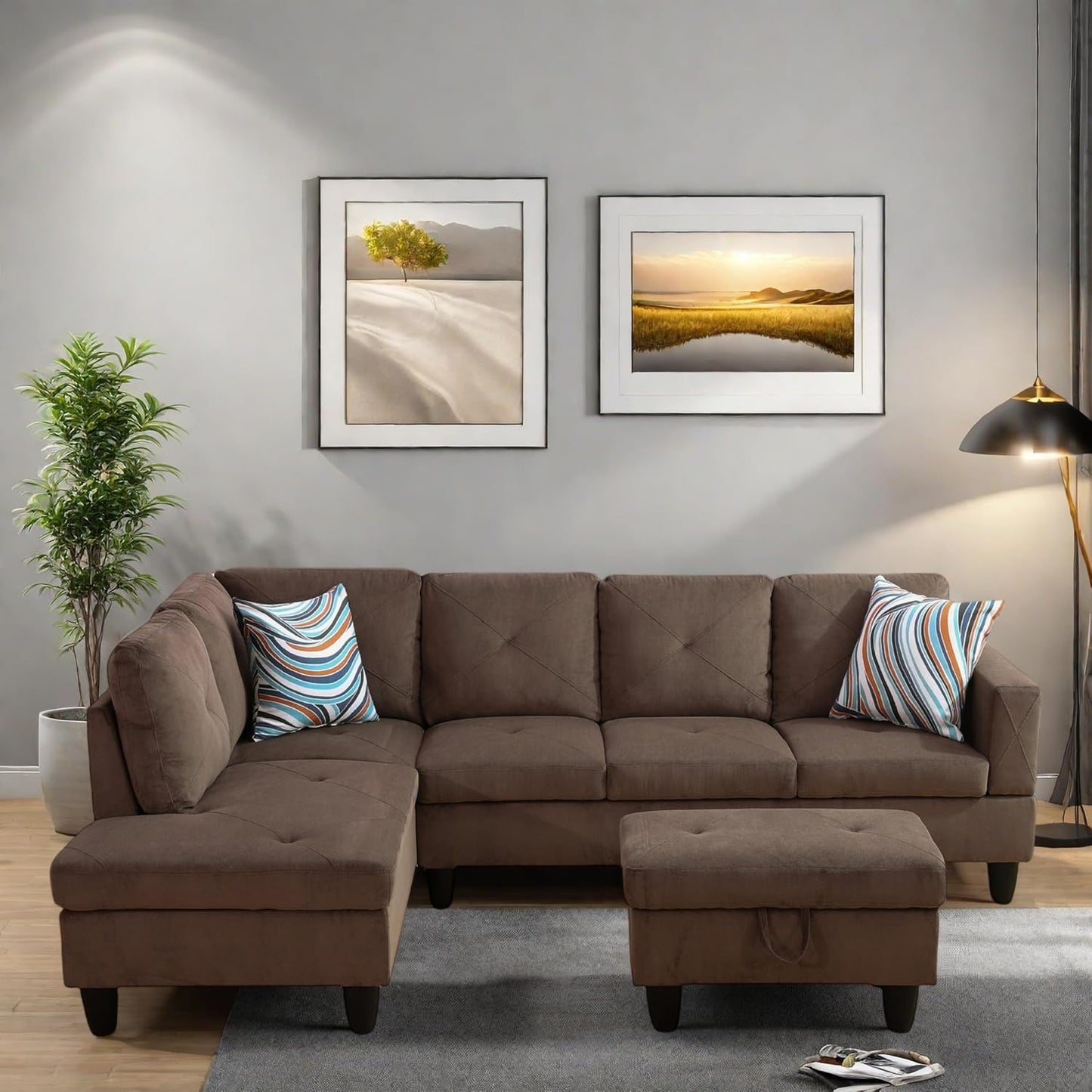 L Shaped Sectional Couches, Modern Modular Sectional Sofa for Living Room Bedroom Furniture, Comfy 4 Seat Couch with Ottoman Storage & Chaise, Brown
