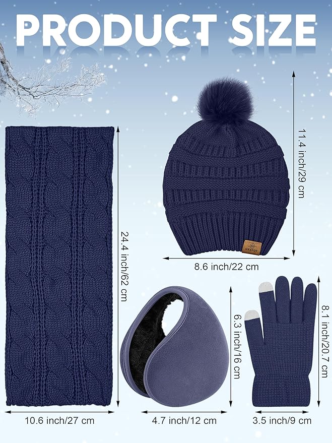 URATOT 4-In-1 Winter Warm Sets Knitted Scarf Touch Screen Gloves Beanie Pompom Hat and Winter Ear Warmer for Men or Women