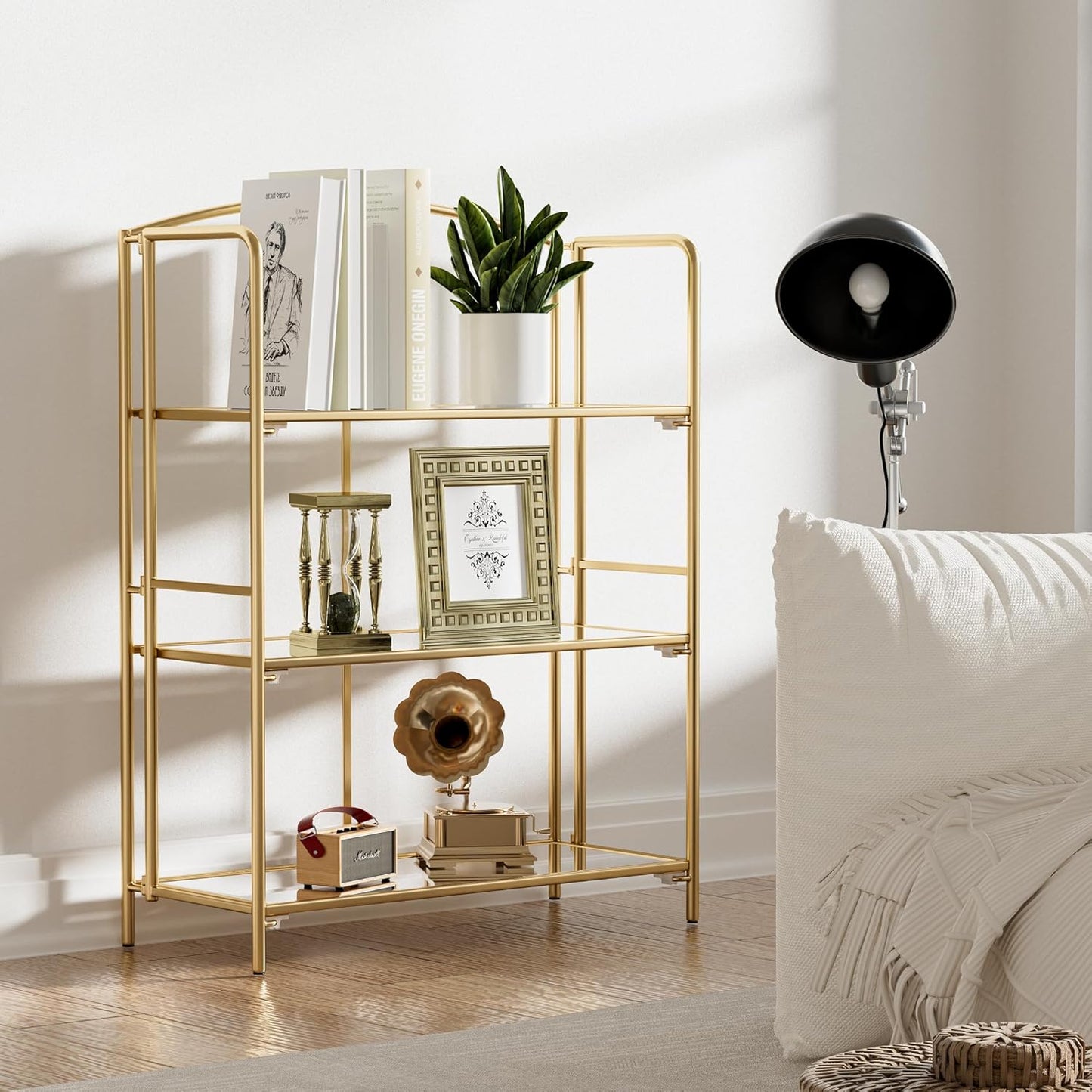 Crofy No Assembly Folding Bookshelf for Living Room, 3 Tier Gold Collapsible Book Shelf for Home Office, Portable Bookcase Storage Organizer