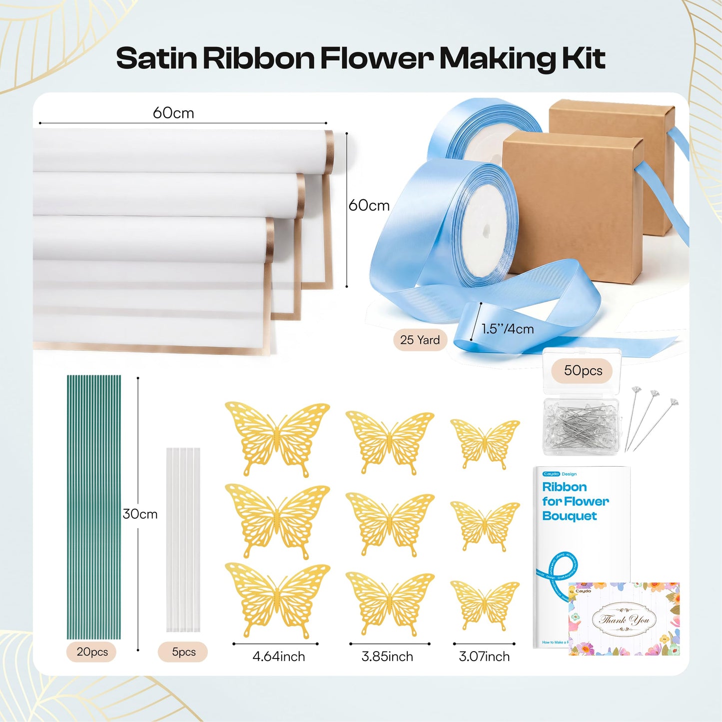 Caydo Sky Blue Ribbon Rose Bouquet for 2026 Graduation Gifts, 91PCS Ribbon Flower Making Kit with Floral Stem Wire, Wrapping Paper, Glue Stick, 3D Butterfly & Diamond Pins
