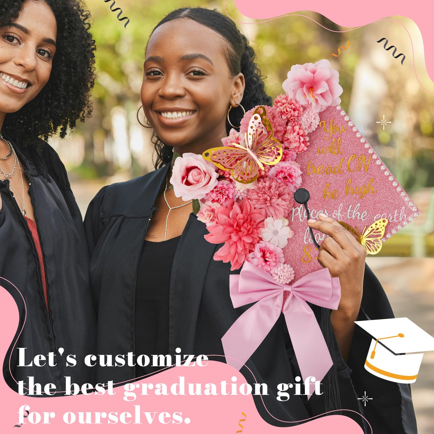 68 Pcs Pink DIY Graduation Cap Decorations Accessory Kit 3D Artificial Flowers Pink White Bows Butterfly Glitter Alphabet Number Pearl Stickers for DIY Hat Grad Cap Topper Graduation Party Supplies
