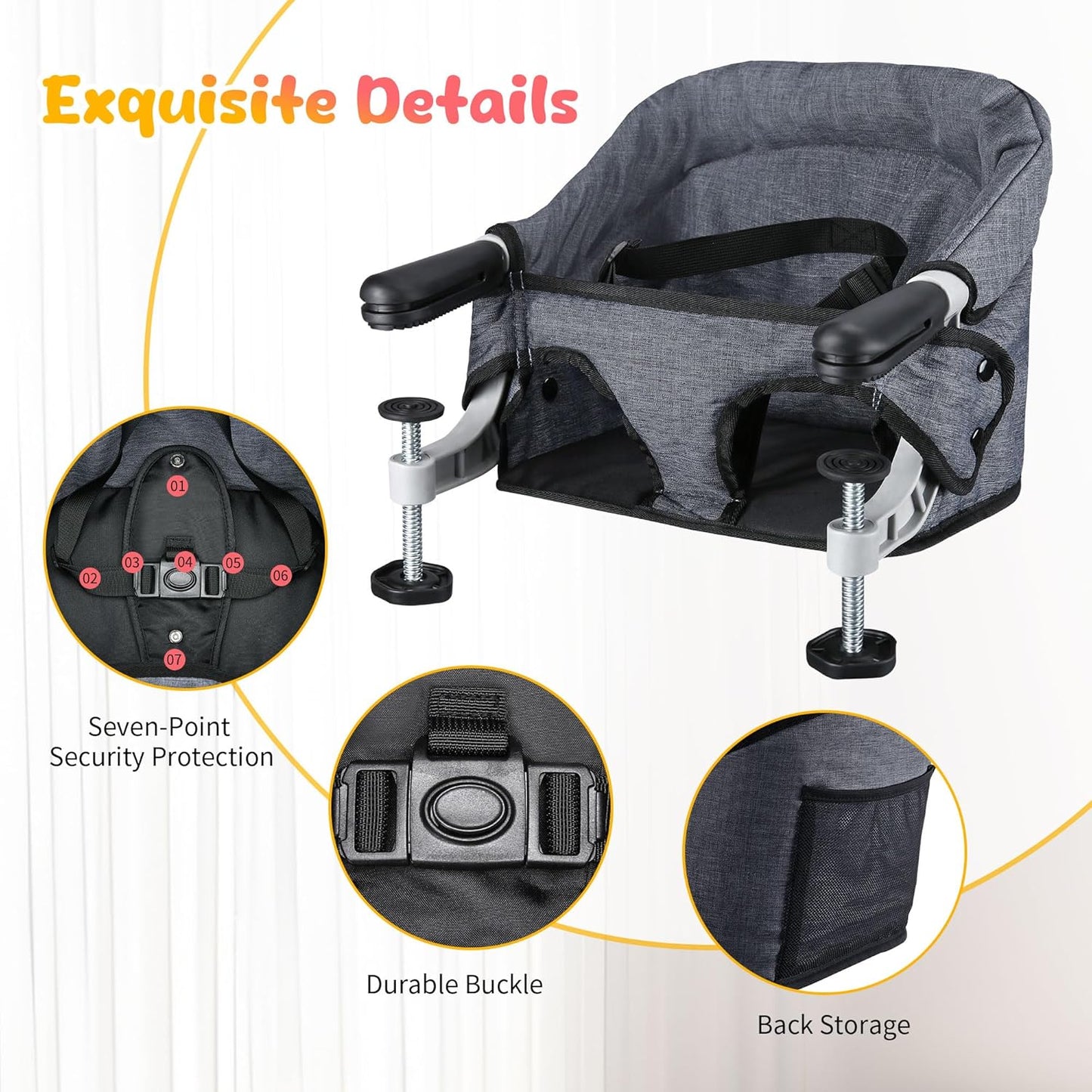 Hook on High Chair with Tray: High Chair for Babies and Toddlers 6-36 Months, Portable and Foldable High Chair for Home and Travel, Baby Feeding Chair, Setup in Seconds - Includes Carry Bag (Grey)
