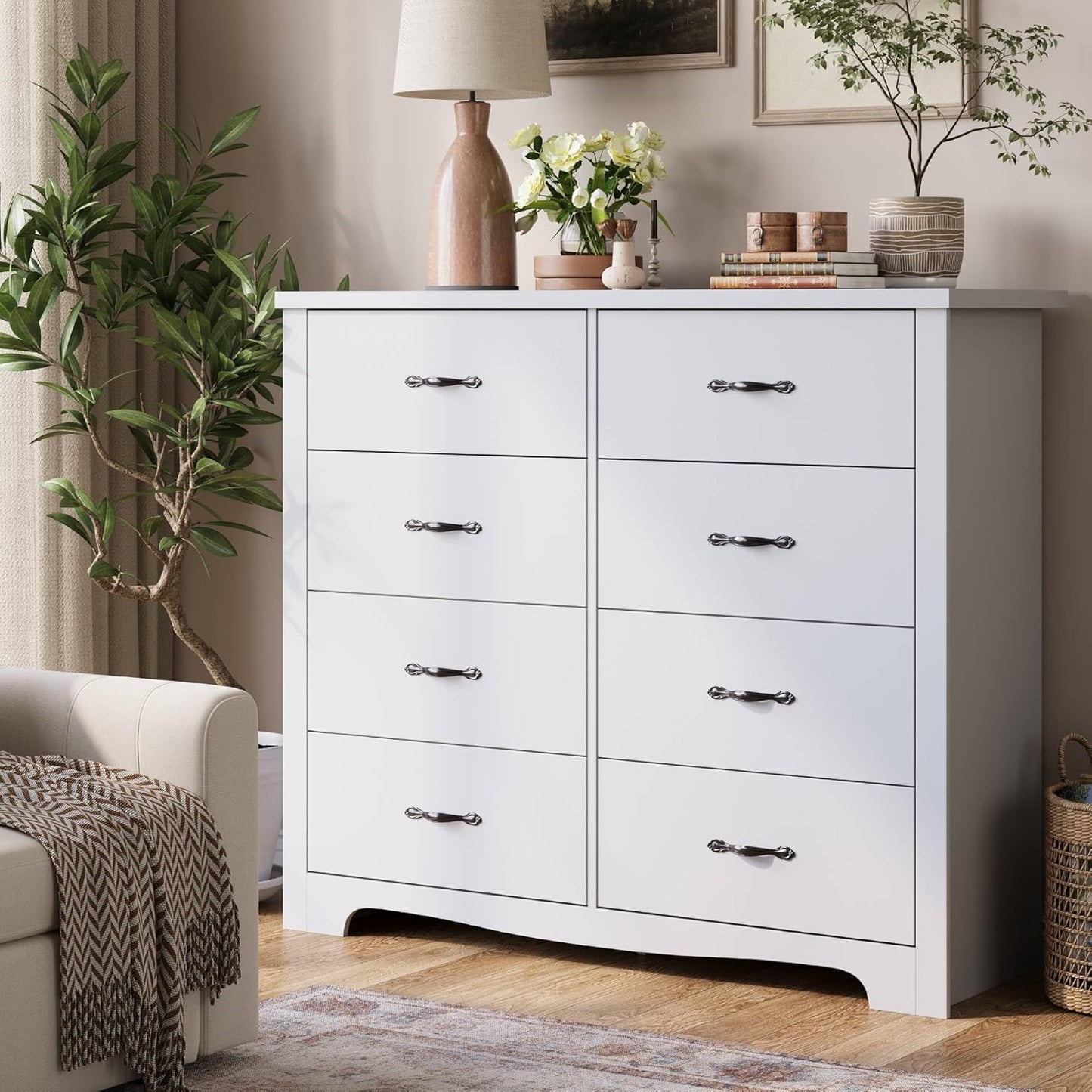 LINSY HOME 8 Drawers Dresser for Bedroom, 47" Wide Rustic Wood Dressers & Chests of Drawers, 40" Tall Modern Storage Dresser with Antique Handles for Closet, Living Room, Hallway, White