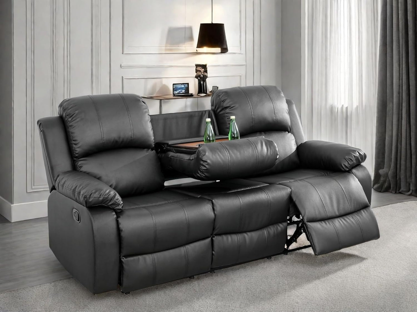 Leather Recliner Sofa Couch, 3-Seater Home Theater Seating Reclining Sofa, Power Reclining Couch with Cup Holders & Drop Down Table for Living Room Furniture Sets, Black