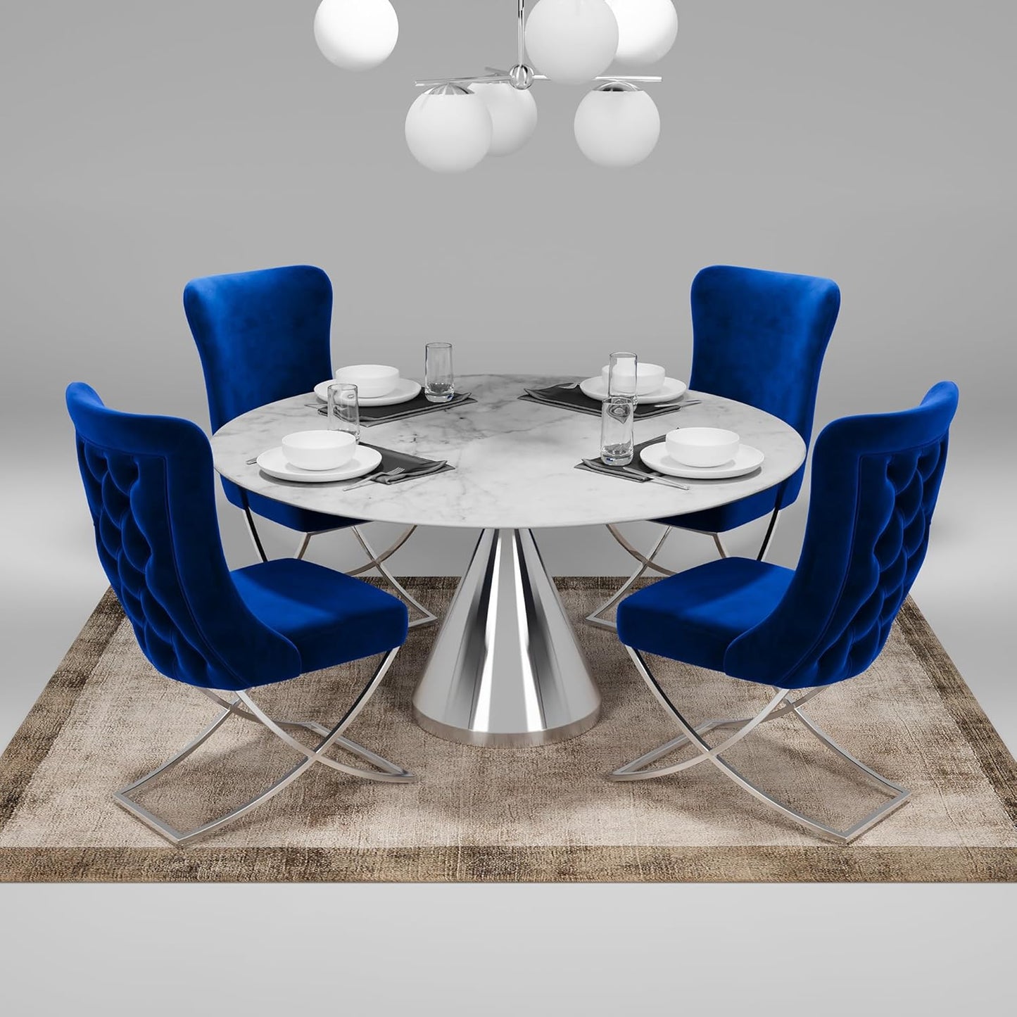 Ottomanson Royal Dining Chairs Set of 4 – Upholstered Tufted Microfiber, Assembled, Silver Metal Legs, Beech Wood Frame, 350 lb Capacity, Blue