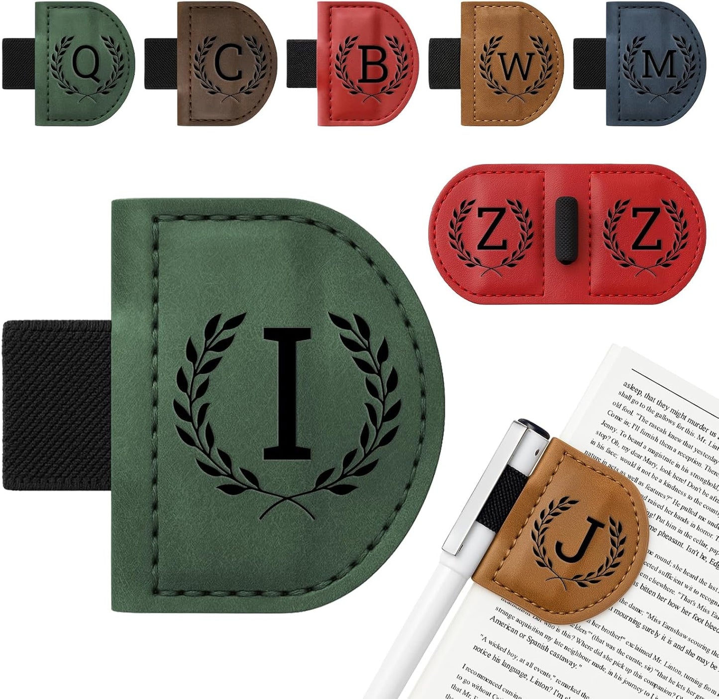 Personalized Bygone Mark Bookmark with Pen Holder,Engraving Leather Magnetic Bookmarks Vintage 26 Letters Name Initials Text Book Marker Clips Gifts for Reading Book Lovers Women (Green, I)