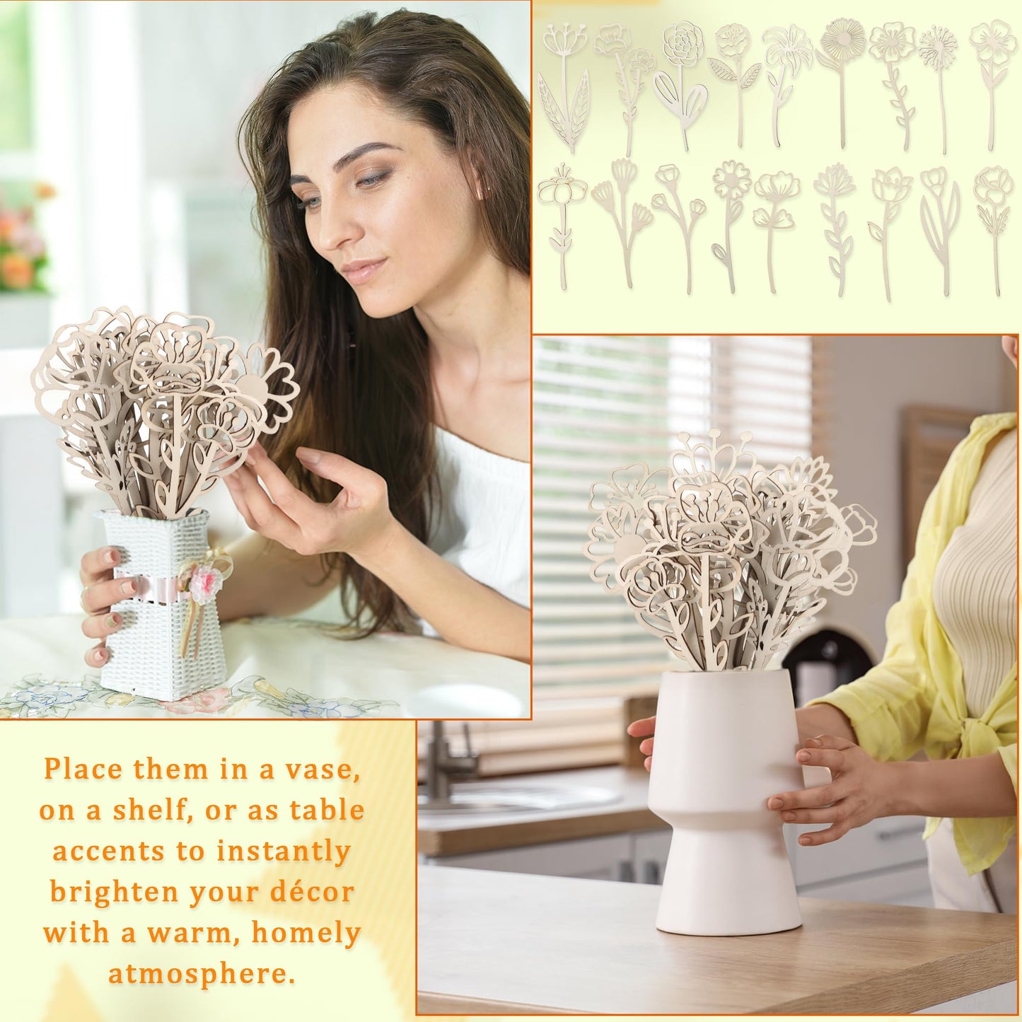 54 Pcs Wooden Wildflower Decor Wood Floral Cutouts for Crafts Wood Flowers Cutout Laser Cut Flowers for Mom's Birthday Gift Home Art DIY Decoration