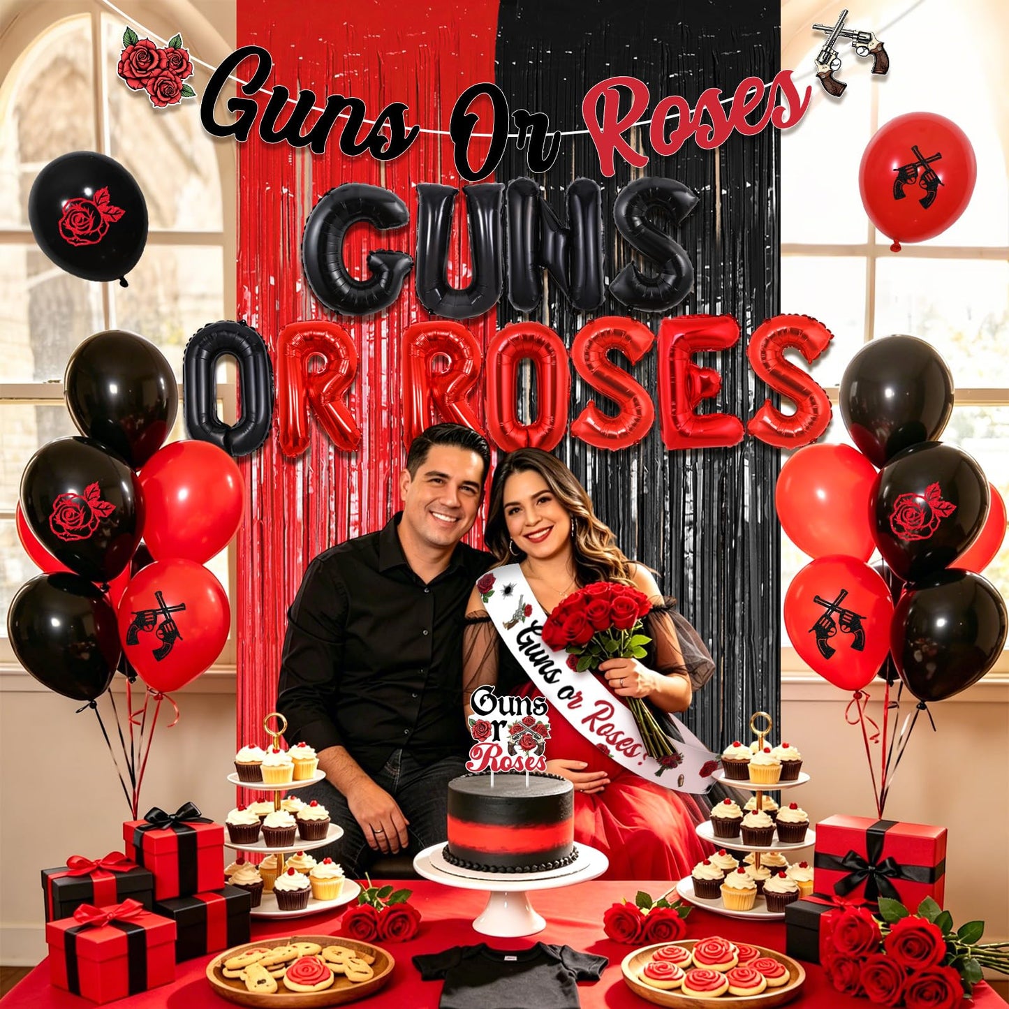 Wonmelody Guns Or Roses Gender Reveal Decorations Red Black Guns Or Roses Banner Cake Topper Balloon Sash Fringes Card Set Gender Reveal Theme Kit for Expecting Parents