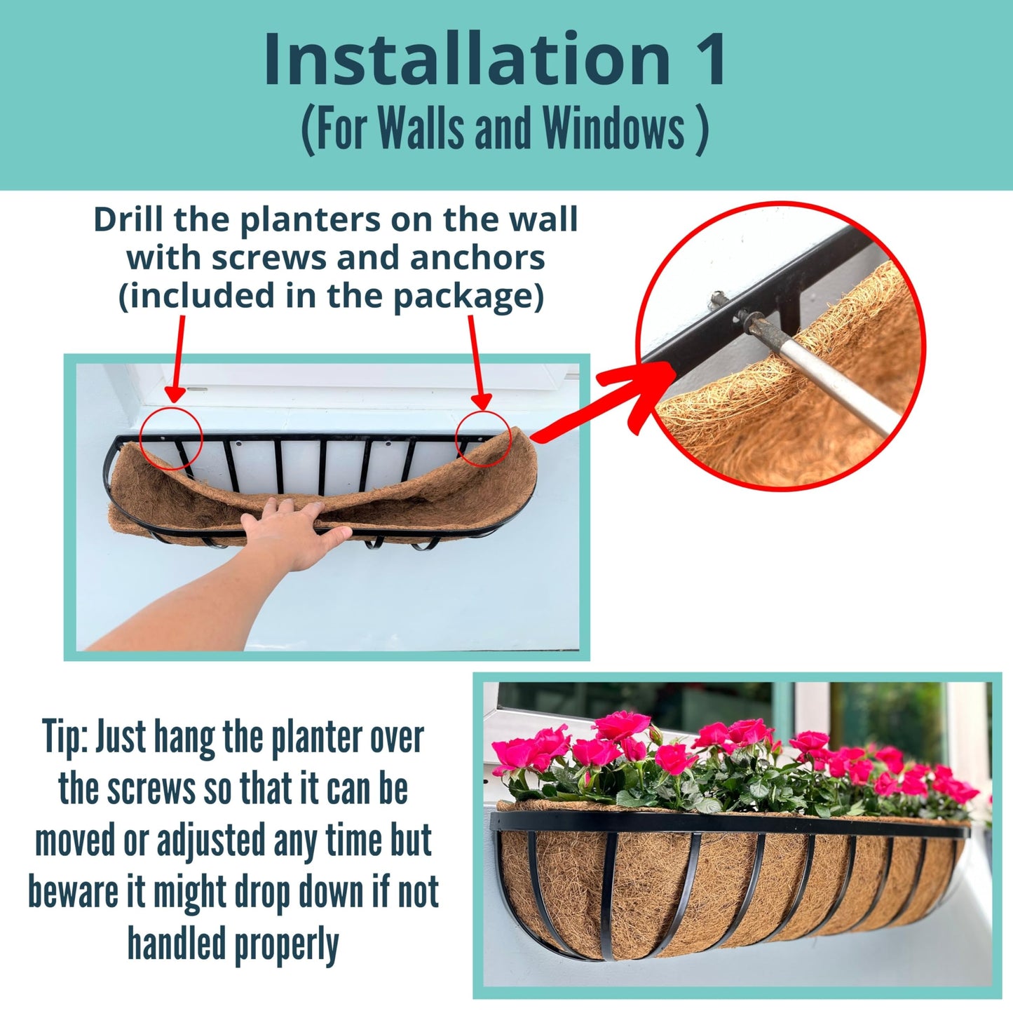 LaLaGreen Deck Railing Planter Boxes for Plants (24 Inch, 2 Pack) Black Metal Wall Planters for Outdoor Plants, Window Flower Box Deck Railings with Coco Liner, Fence Balcony Patio Porch Over Rail