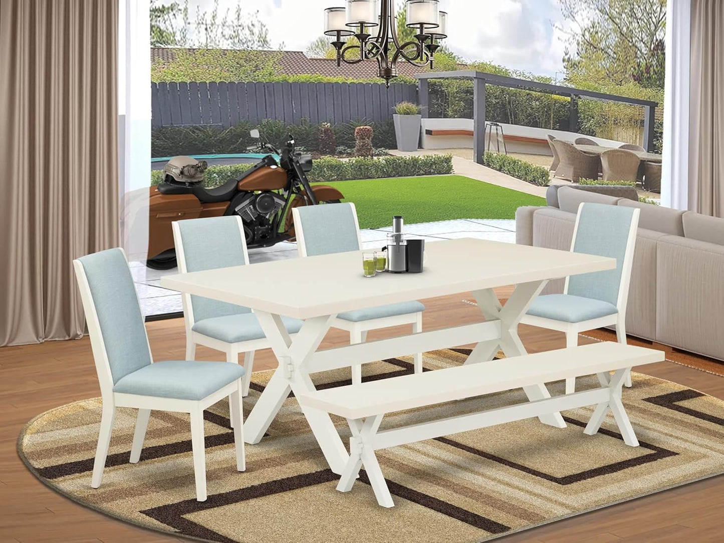 East West Furniture X027LA015-6 6 Piece Dining Table Set Contains a Rectangle Dining Room Table and 4 Baby Blue Linen Fabric Parson Chairs with a Bench, 40x72 Inch, Multi-Color