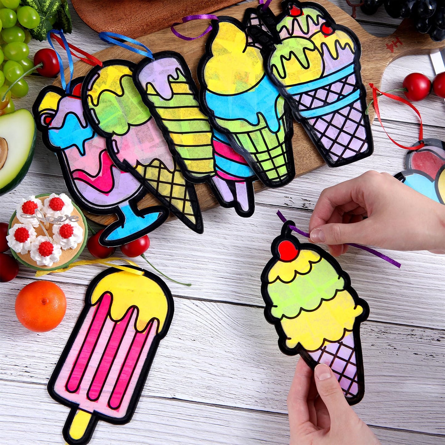 Eersida 32 Sets Summer Craft Set, Summer Ice Cream DIY Stained Glass Tissue Paper Kits SunCatcher Kits for Window Activities Art Home Boys Girls Birthday Party Decorations Favors Gift