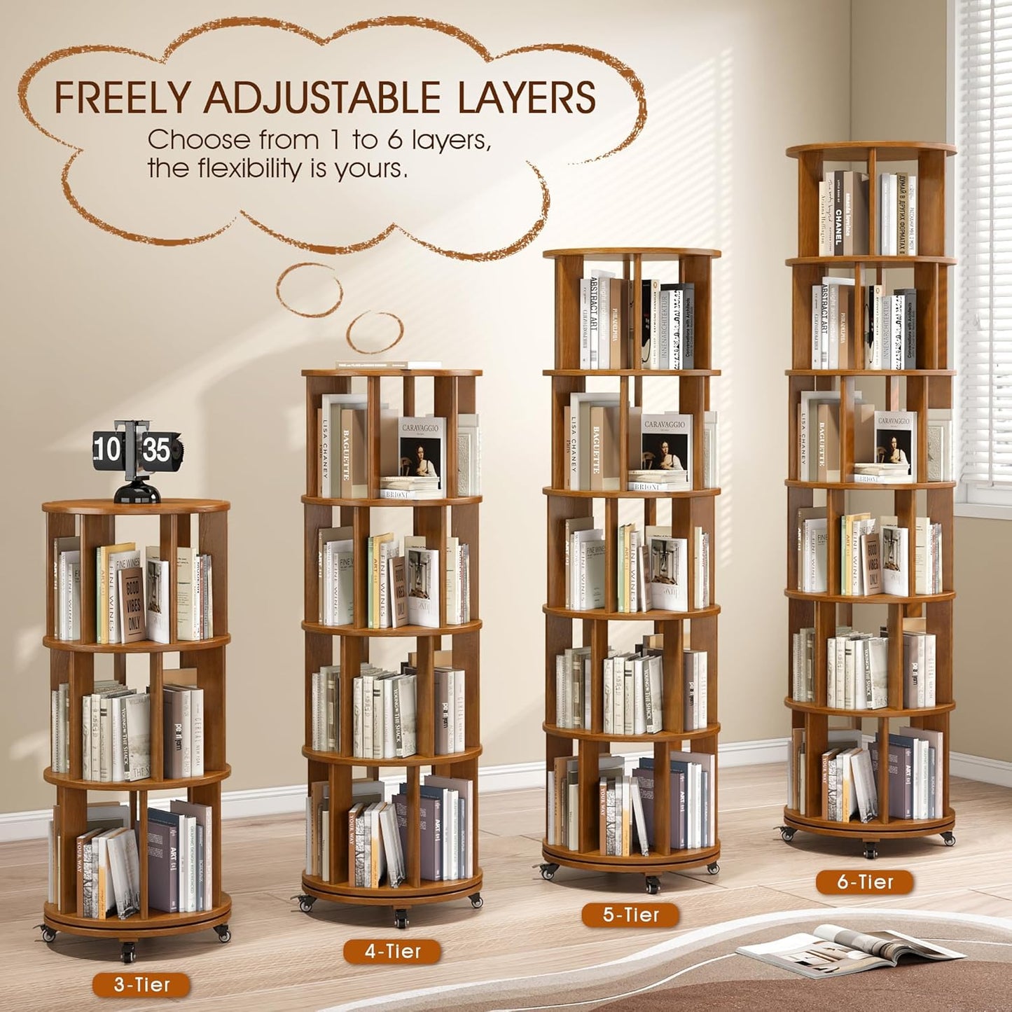 6 Tier Solid Wood Rotating Bookcase with Wheels, Round Revolving Bookshelf Organizer, 360° Spinning Storage Shelf for Corner, Small Narrow Spaces, Home, Office, Kids Room