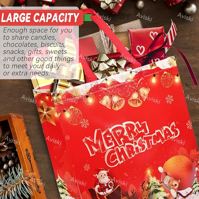 16PCS Christmas Gift Tote Treat Bags with Handles, Multifunctional Non-Woven Bags for Gifts Wrapping Shopping, Xmas Party Supplies, 15×13.8×5.9inch
