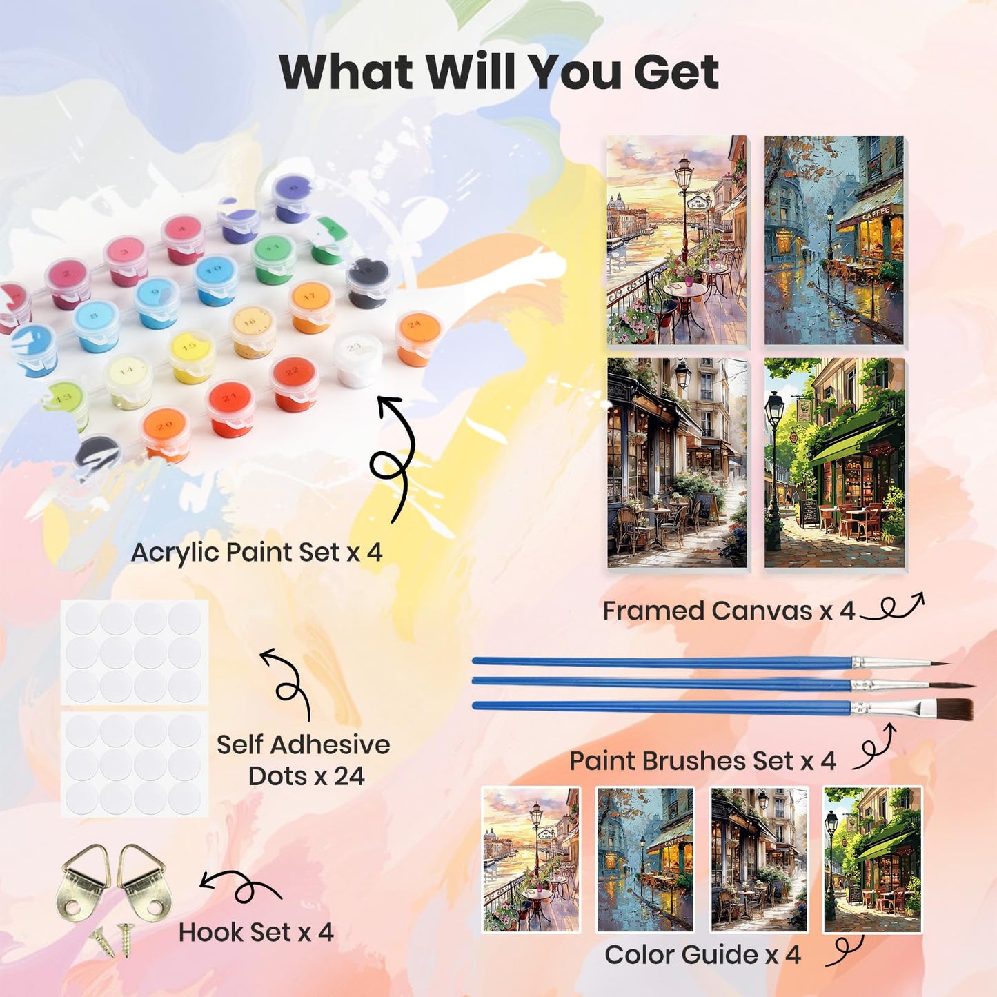 HEIBAGO 4 Pack Framed Paint by Numbers Kit for Adults Beginner, Adult Paint by Number Kits Street Cafe, DIY Paint by Numbers for Adults,Small Easy Acrylic Oil Painting for Wall Decor 8x12 Inch