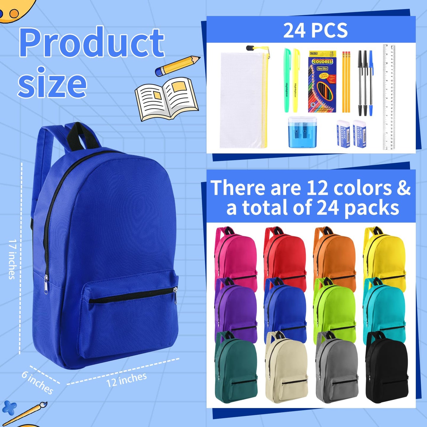 Quuhooki 12 Set Bulk Backpacks with School Supply Kit 17 Inch Book Bags in Bulk and Back to School Supplies Stationery Kit for Kids Boy