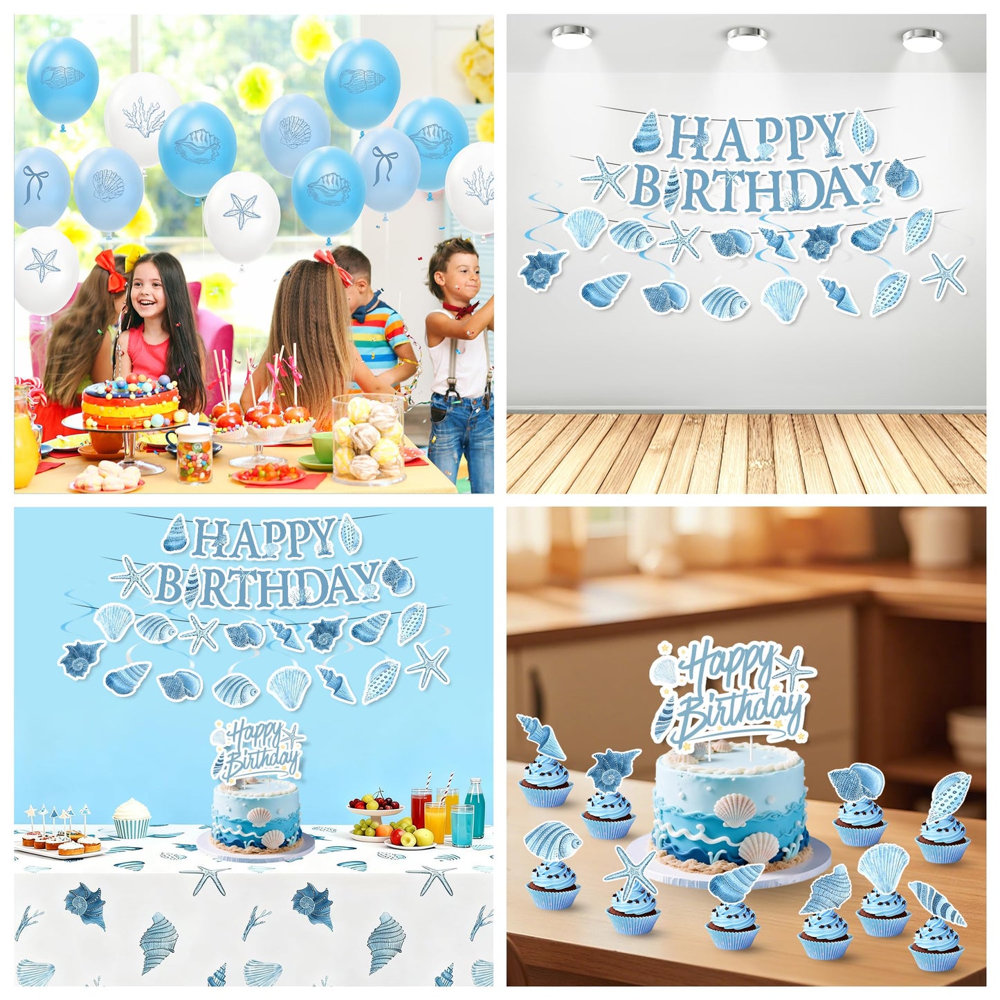 FVABO Ocean Seashell Birthday Decorations, Blue Sea Shell Party Supplies for Beach Summer Pretty Birthday Baby Shower, Plate, Cup, Napkin, Tablecloth, Banner, Balloon, Swirl, Topper, Cutlery, Serve 24