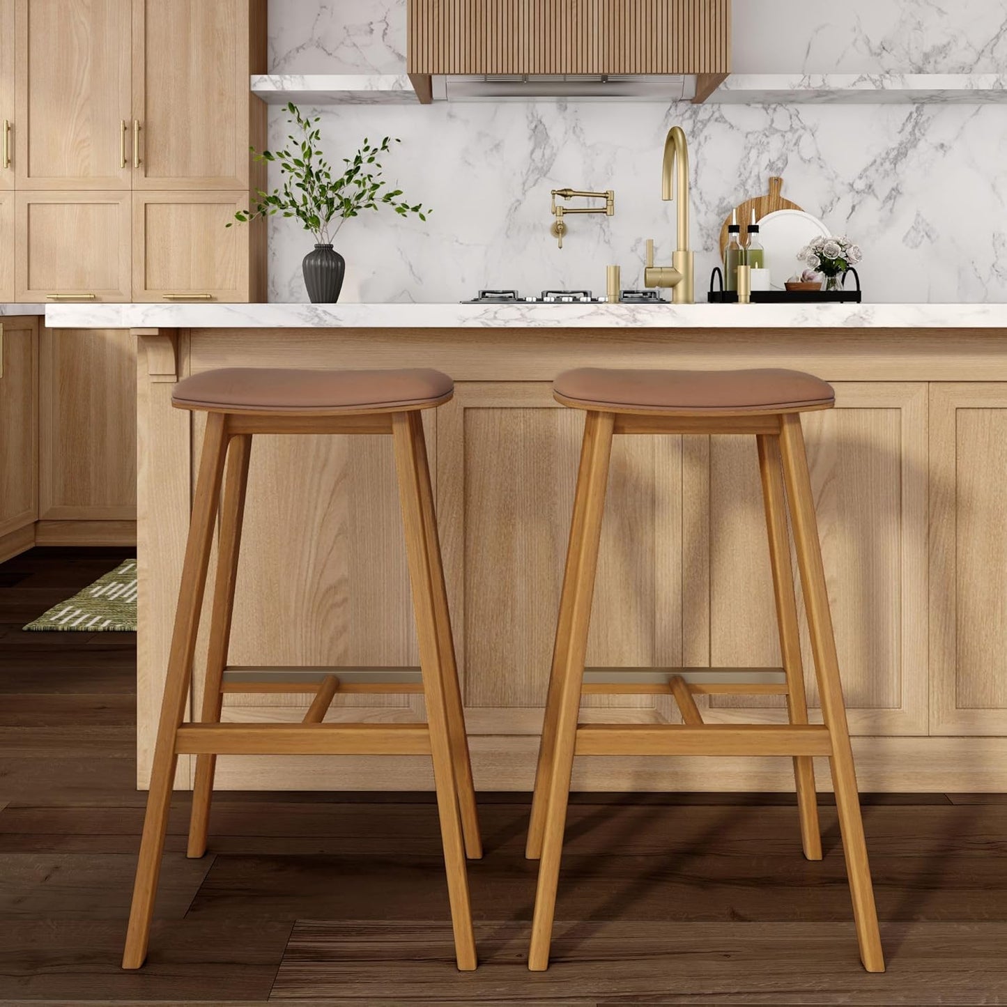 Plank+Beam Beryl Bar Height Stool - Mid-Century Modern Rubberwood Bar Stool with Faux Leather Seat, Metal Footrest, Easy Assembly, 4-Pack, Pecan/Toffee