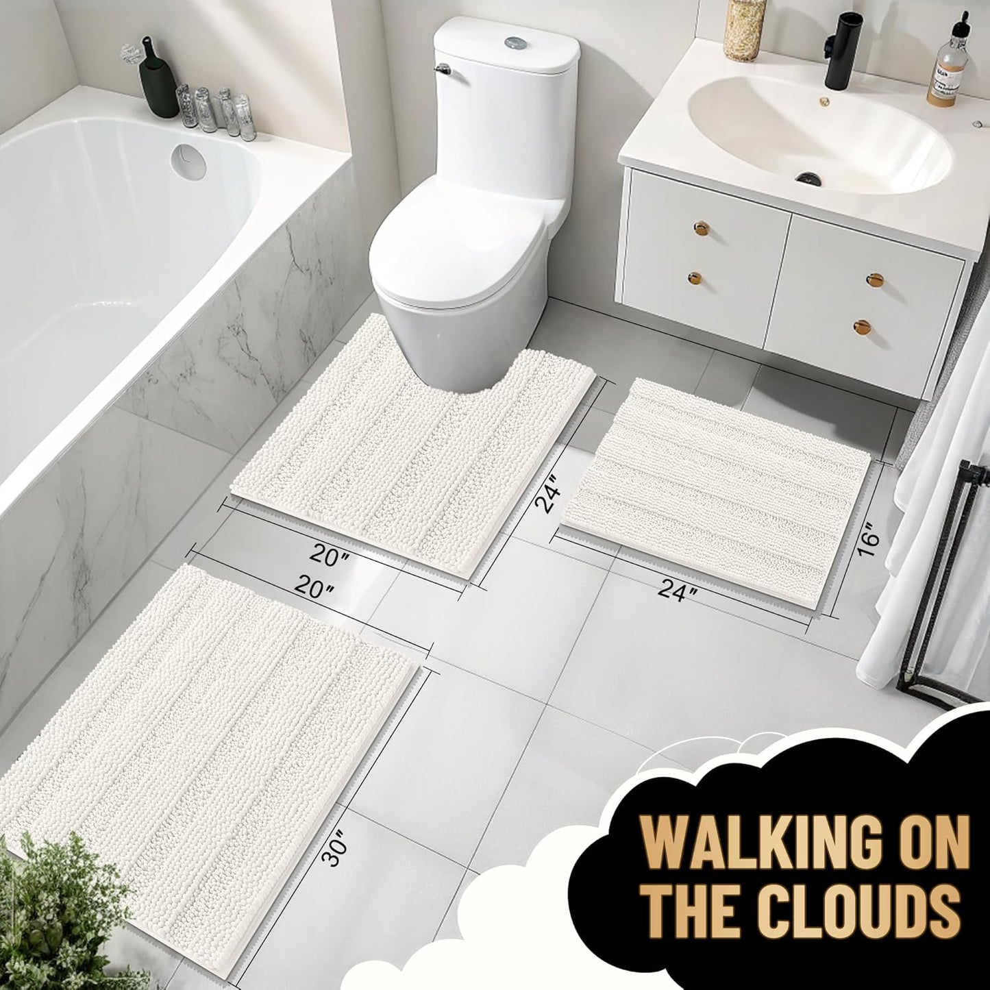 OLANLY Thick Bathroom Rugs 24x16, Extra Soft Absorbent Chenille Striped Bath Rugs, Rubber Backing, Machine Wash Dry, Bath Mats for Bathroom Floor, Tub and Shower, Home Decor Accessories, Ivory