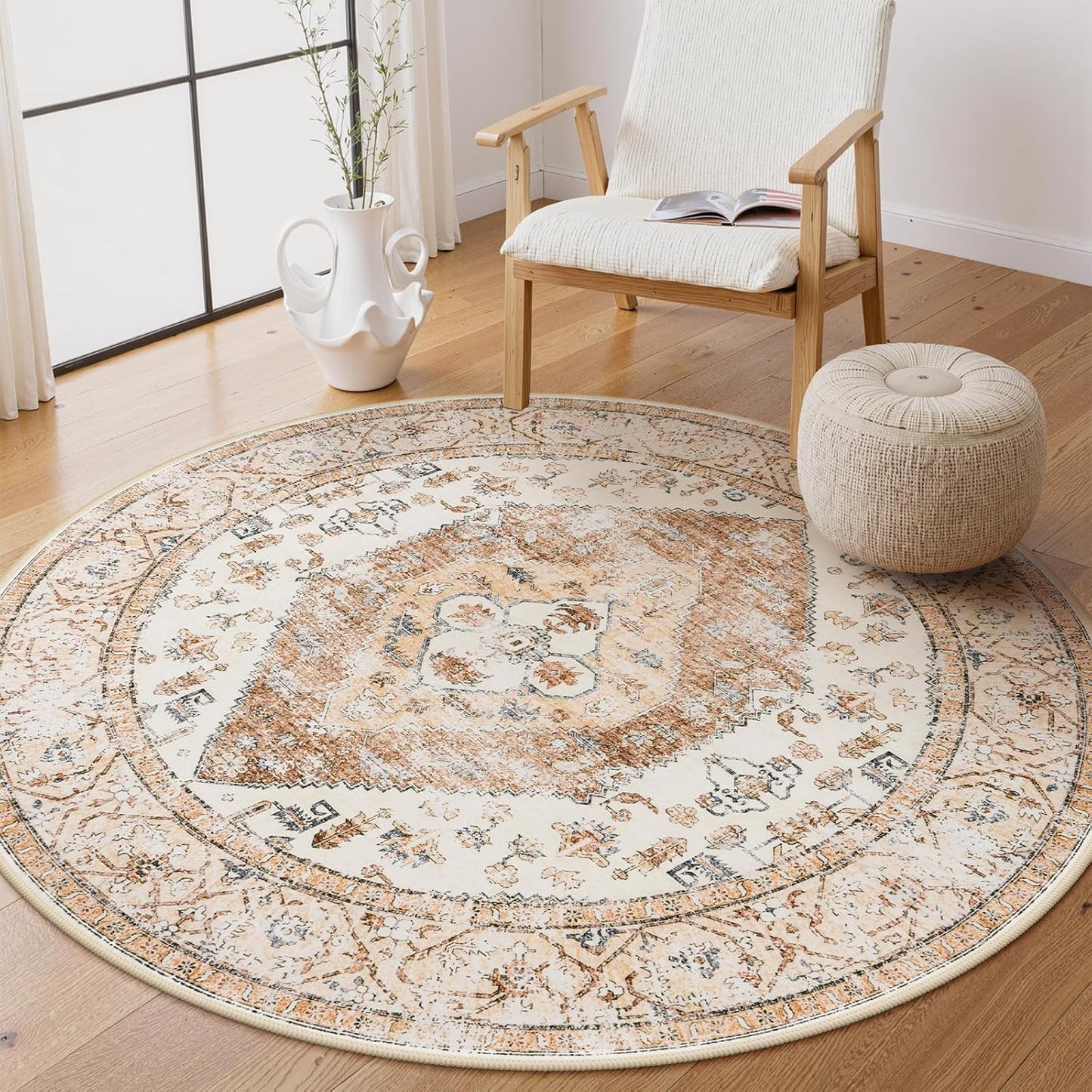Lahome Boho Round Rug - 3Ft Washable Area Rug, Non-Slip Small Bathroom Rug, Lightweight Bedroom Throw, Oriental Distressed Print Carpet for Entryway, Sofa, Nursery, Kids Room