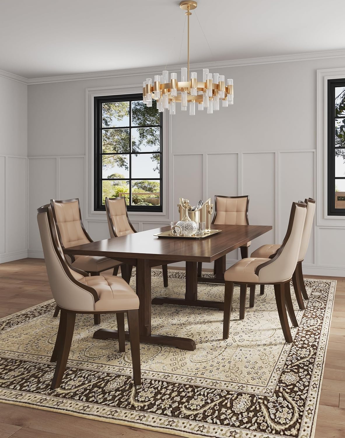 Manhattan Comfort Fifth Avenue Faux Leather Dining Chairs, Parsons Accent Furniture with Padded Wingback Seat, Fine Rectangular Stitching and Solid Beech Wood Frame, Set of 2, Tan