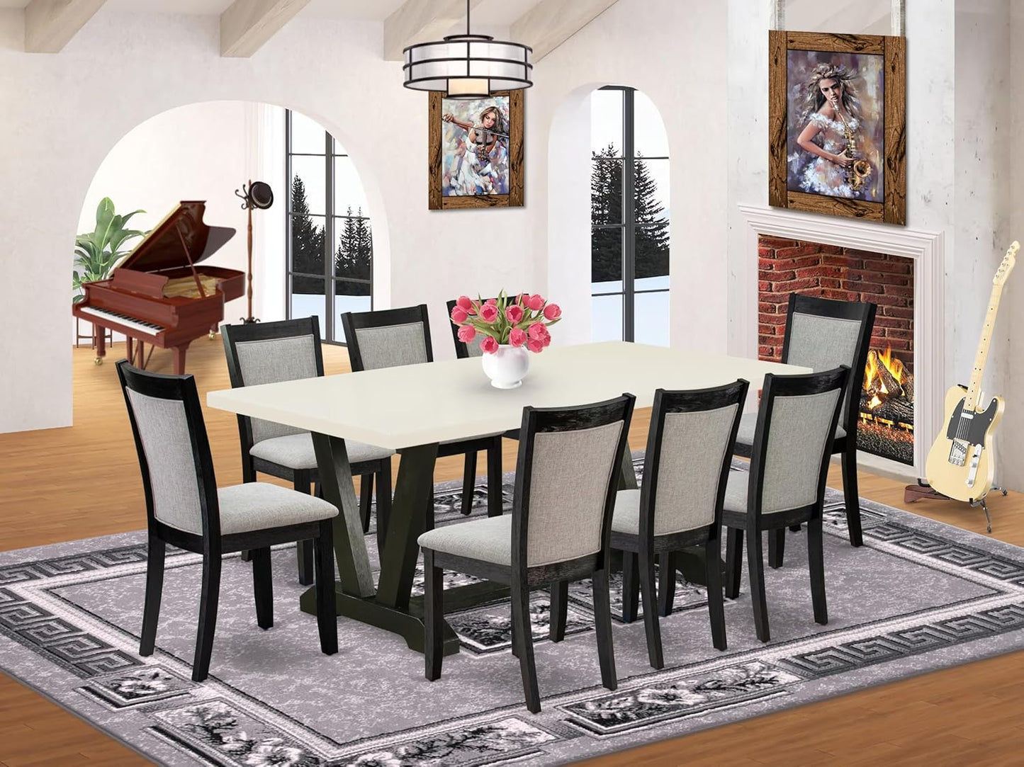 East West Furniture V627MZ650-9 9 Piece Kitchen Table Set Includes a Rectangle Dining Room Table with V-Legs and 8 Dark Gotham Grey Linen Fabric Parsons Chairs, 40x72 Inch, Multi-Color