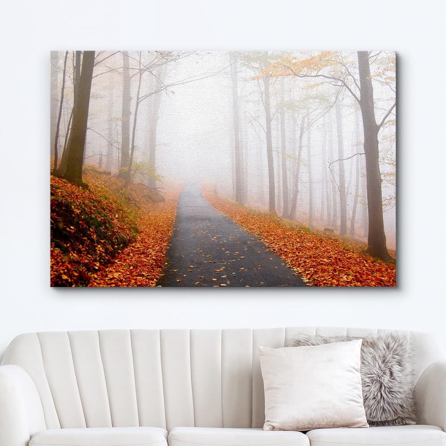 wall26 Canvas Print Wall Art Foggy Autumn Forest Path with Orange Leaves Nature Wilderness Photography Modern Art Rustic Scenic Colorful Multicolor for Living Room, Bedroom, Office - 24"x36"