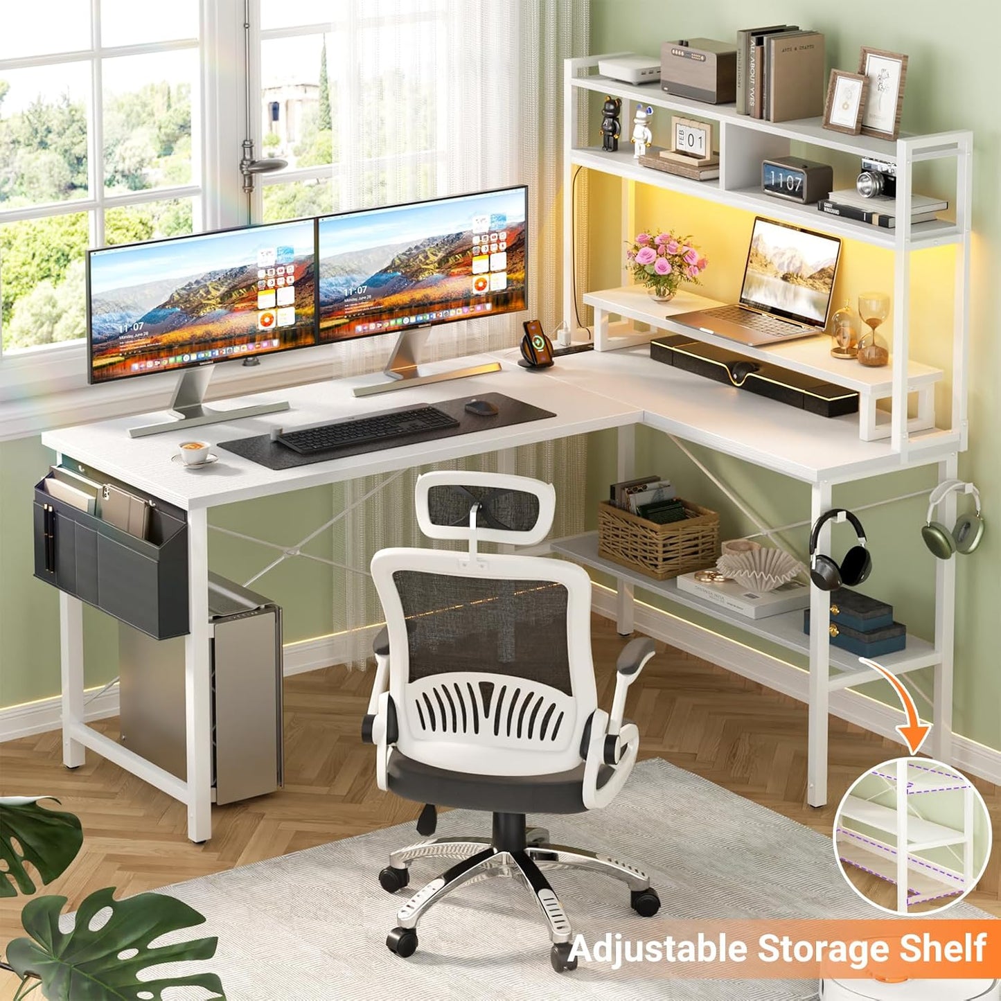 Aheaplus L Shaped Gaming Desk with Power Outlets & LED Lights, Small L- Shaped Desk Computer Corner Desk with Monitor Stand & Storage Shelf, Home Office Desk Writing Desk with Storage Bag, White