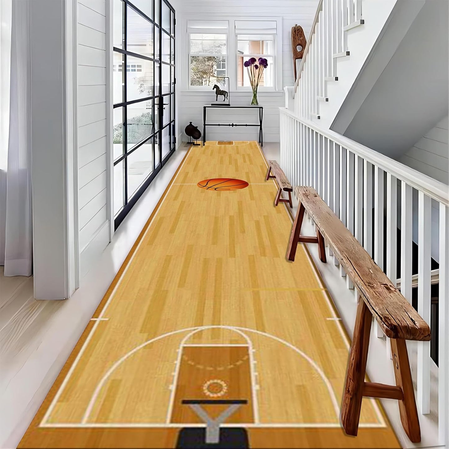 Sports Field Long Hallway Rug Runners, 2x10ft, Basketball Game Runner Rug, Machine Washable Durable High Traffic Rug, with Non Slip Backing Absorbent Carpet for Entryway Living Room