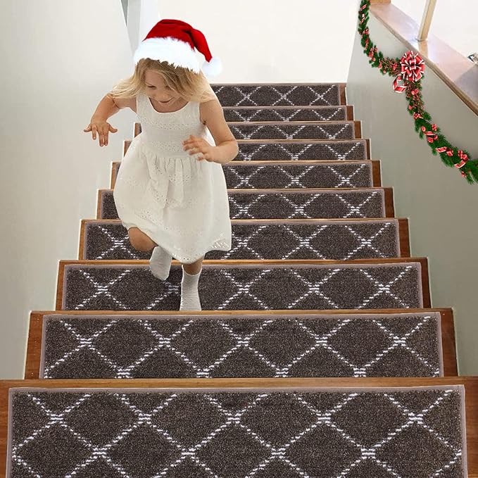 BEQHAUSE Stair Treads Non Slip Stair Runners for Wooden Steps Machine Washable Stair Rugs Soft Polyester Stair Runner Mats for Dogs Kids Brown Carpet Stair Treads,4PCS