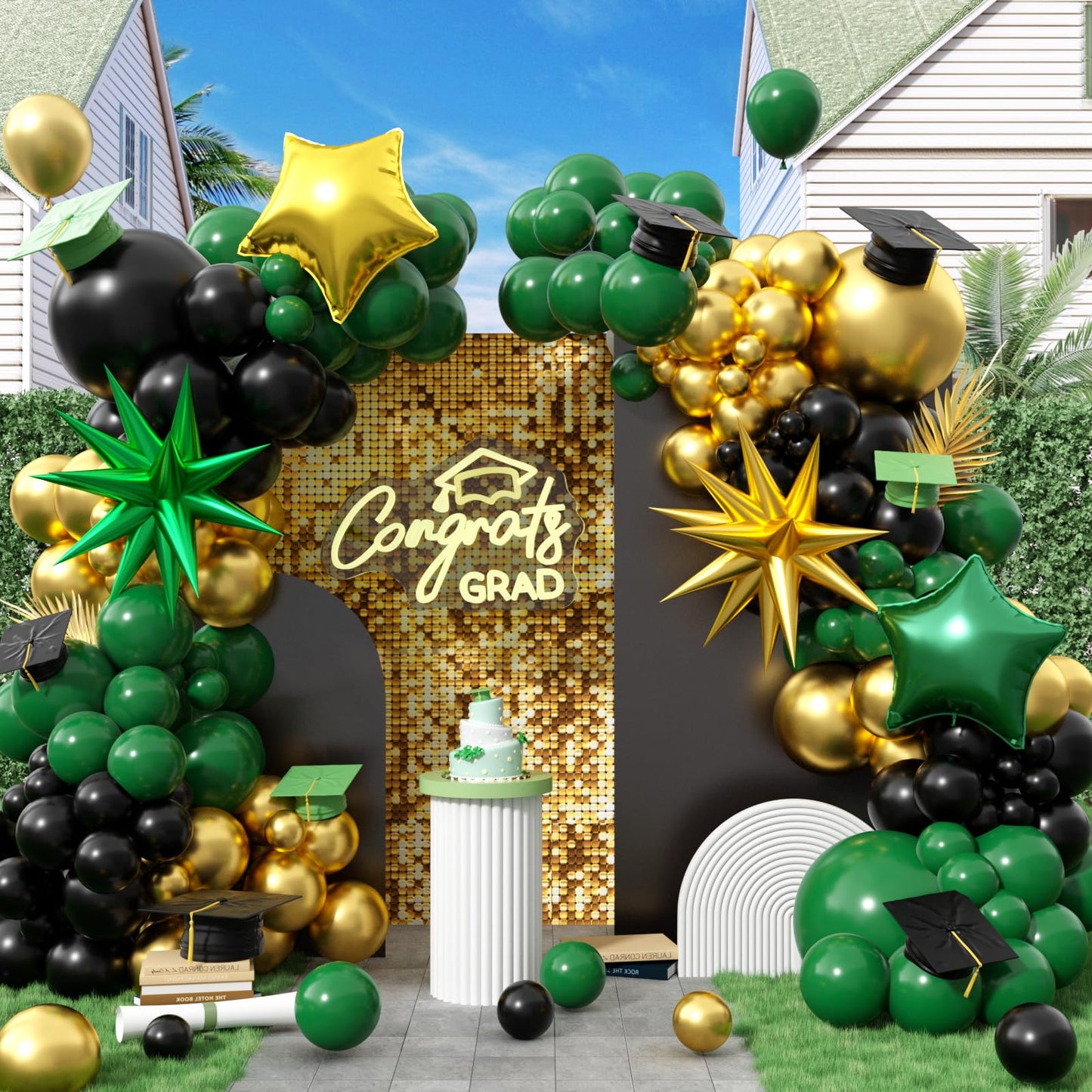 Graduation Balloon Arch Kit 2026 Green and Gold Black Balloon Garland Emerald Forest Dark Green Balloons with Star Foil for Congrats Grad Retirement Prom Birthday Football Party Decorations, 104Pcs