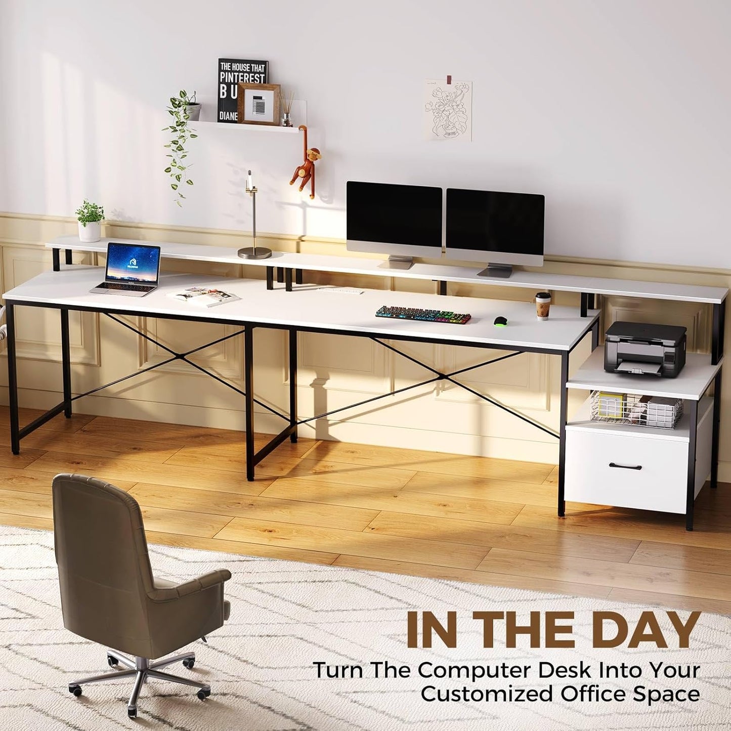 Rolanstar Computer Desk with File Drawer, 64" L Shaped Desk with Power Outlet & LED Strip, L Shaped Computer Corner Desk with File Cabinet, Gaming Desk with Monitor Shelf, Home Office Desk, White