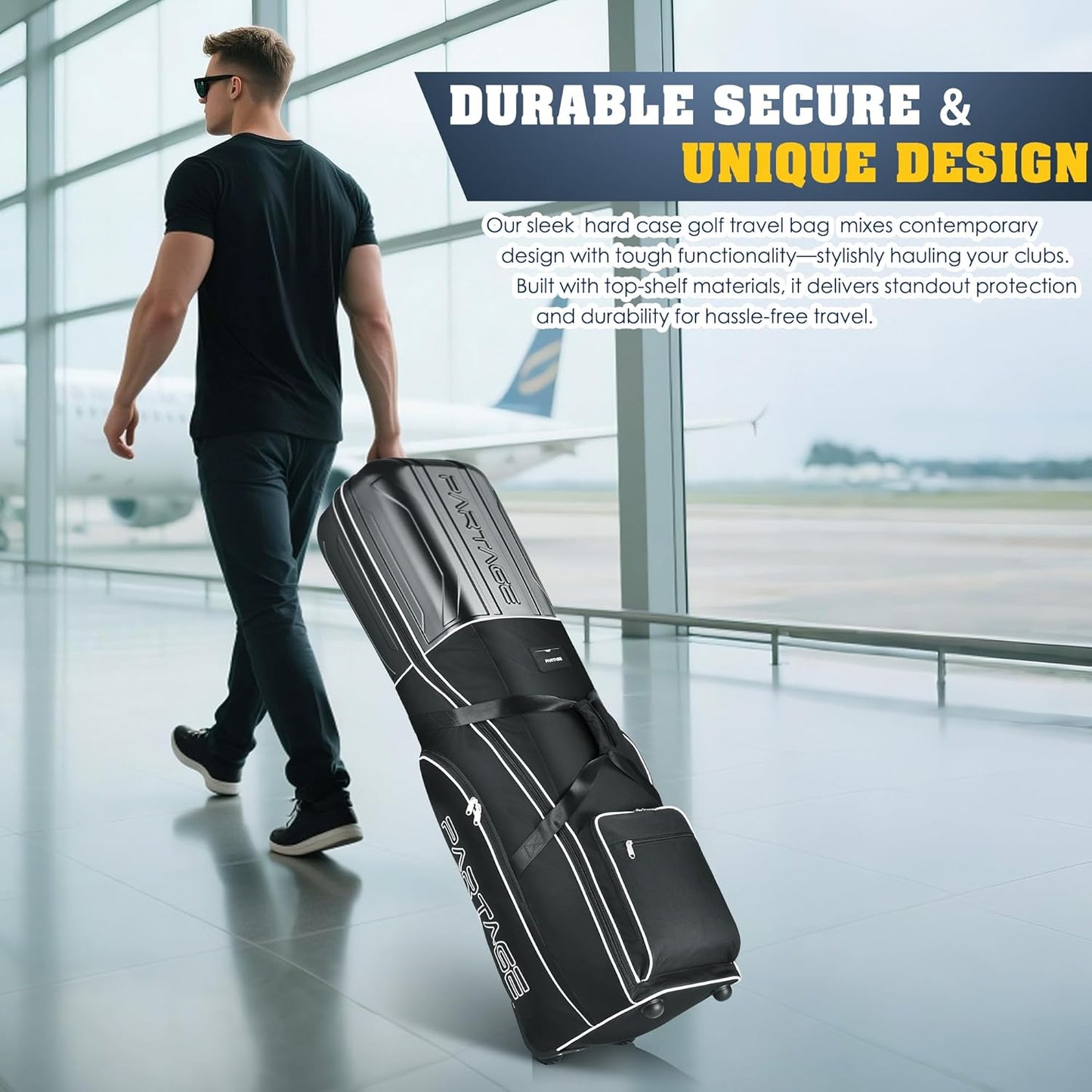 Golf Travel Bag Hard Case Top with Wheels, 900D Heavy Duty Oxford, Golf Bag Travel Case for Airlines, Protect Clubs and Easy to Maneuver-Black