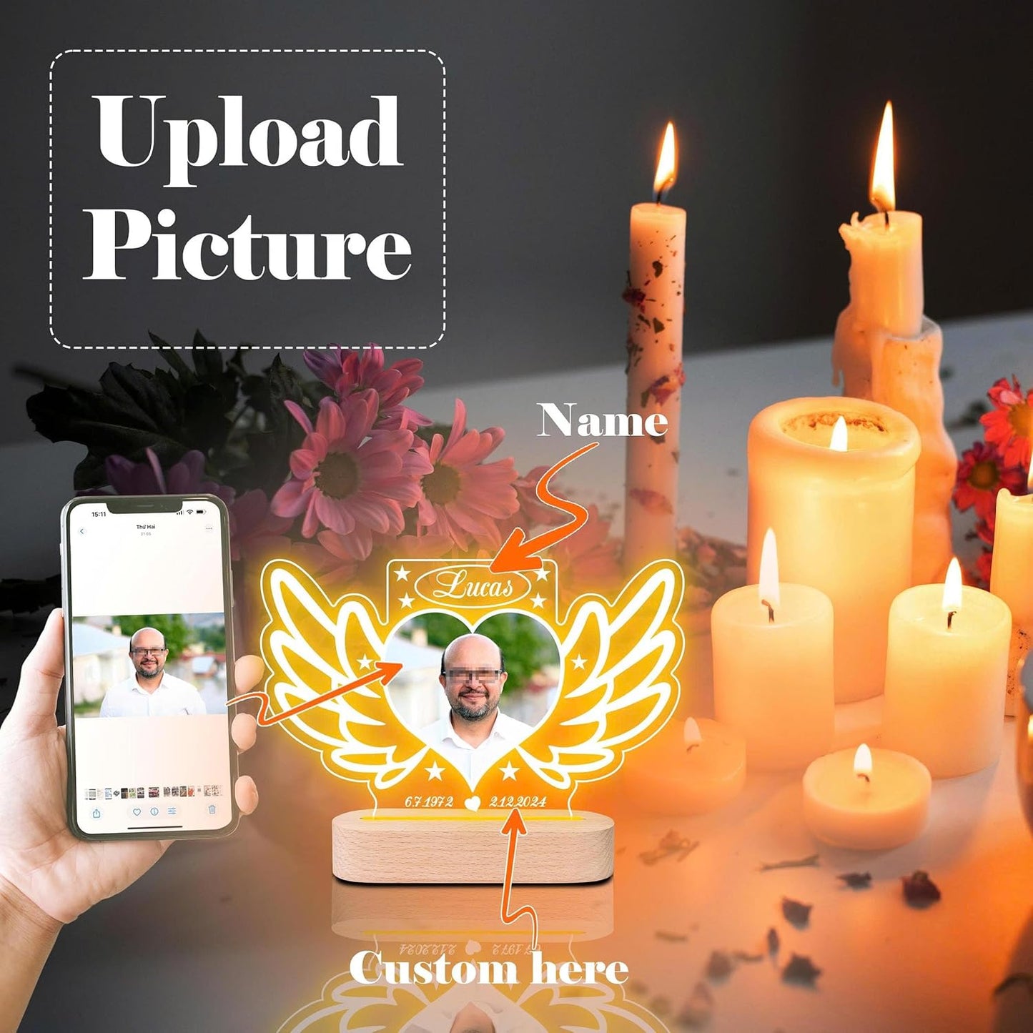 Personalized Memorial Picture Frame Night Light Lamp, Sympathy Gift for Loss of Loved One, in Memory of Dad, Mom, Husband, Sister, Friend, Funeral Mourning Ideas