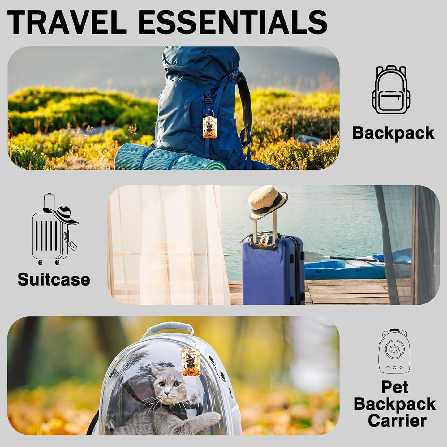Halloween 2 Pack Luggage Tags for Suitcases Cute Black Cat on Pumpkin Leather Luggage Tags Privacy Cover ID Label with Stainless Steel Loop and Address Card for Women Men Travel Bag Backpack