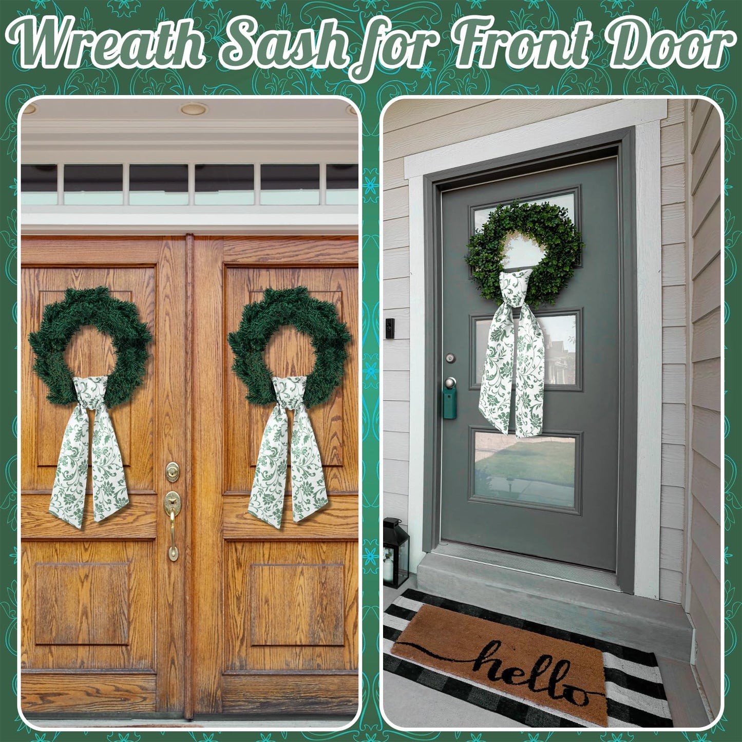 VitalCozy 2 Pcs Wreath Sash for Front Door Wreath Sash Garland Ribbon Accessories for Embroidery Monogram Outdoor Indoor Xmas Party Yard Doorway 4.5" W x 56" L(Green,Greenery)