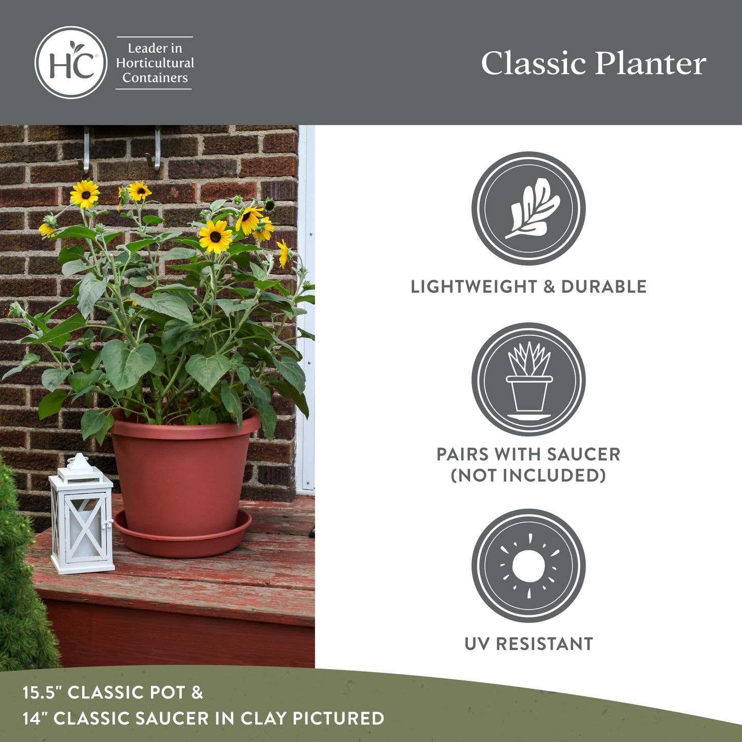 The HC Companies 11.5 Inch Classic Round Planter Pots with Drainage, Rolled Rim Plastic Planters for Indoor & Outdoor Plants, 2-Pack Decorative Flower Pots for Garden, Office & Home Decor, Warm Gray