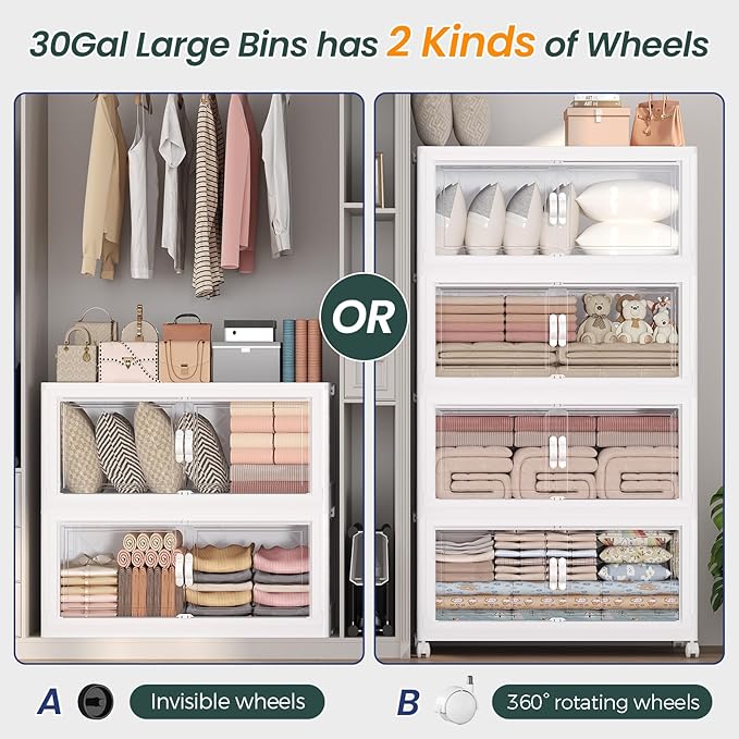 90Gal Stackable Storage Bins with Lid and Wheels, 360QT Plastic Collapsible Storage Boxes with Doors, Closet Organizer and Storage Cabinet for Home Kitchen Office Dorm Room, 3Pack White