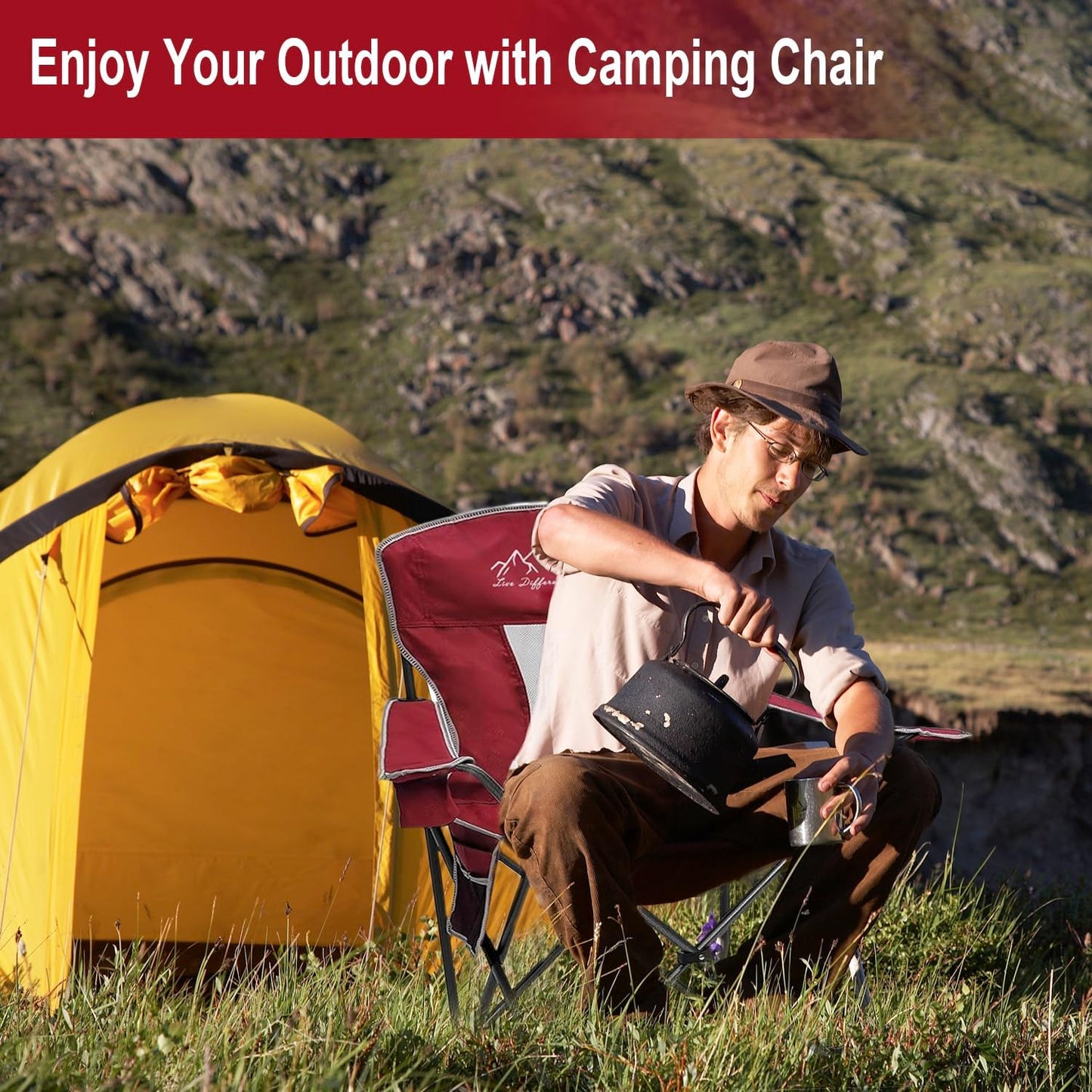 SAILARY Outdoor Folding Camping Chair with Cup Holder, Storage Bag, Large Anti-Sink Feet, 400lbs Capacity, Breathable Mesh Portable Chair for Camping, Beach, Fishing, Sports, Red