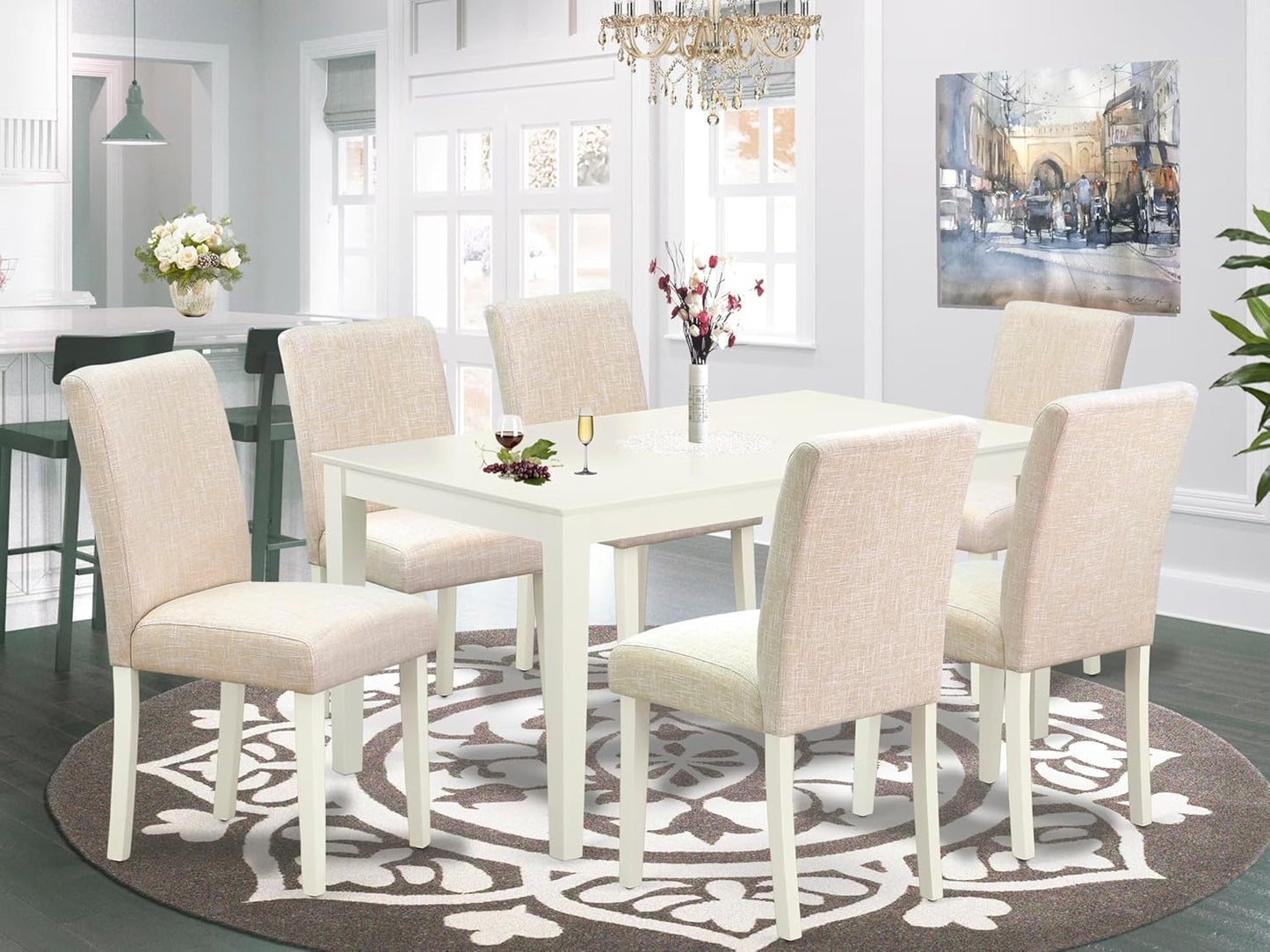 East West Furniture CAAB7-LWH-02 7 Piece Dining Room Furniture Set Consist of a Rectangle Dining Table and 6 Light Beige Linen Fabric Upholstered Parson Chairs, 36x60 Inch, Linen White