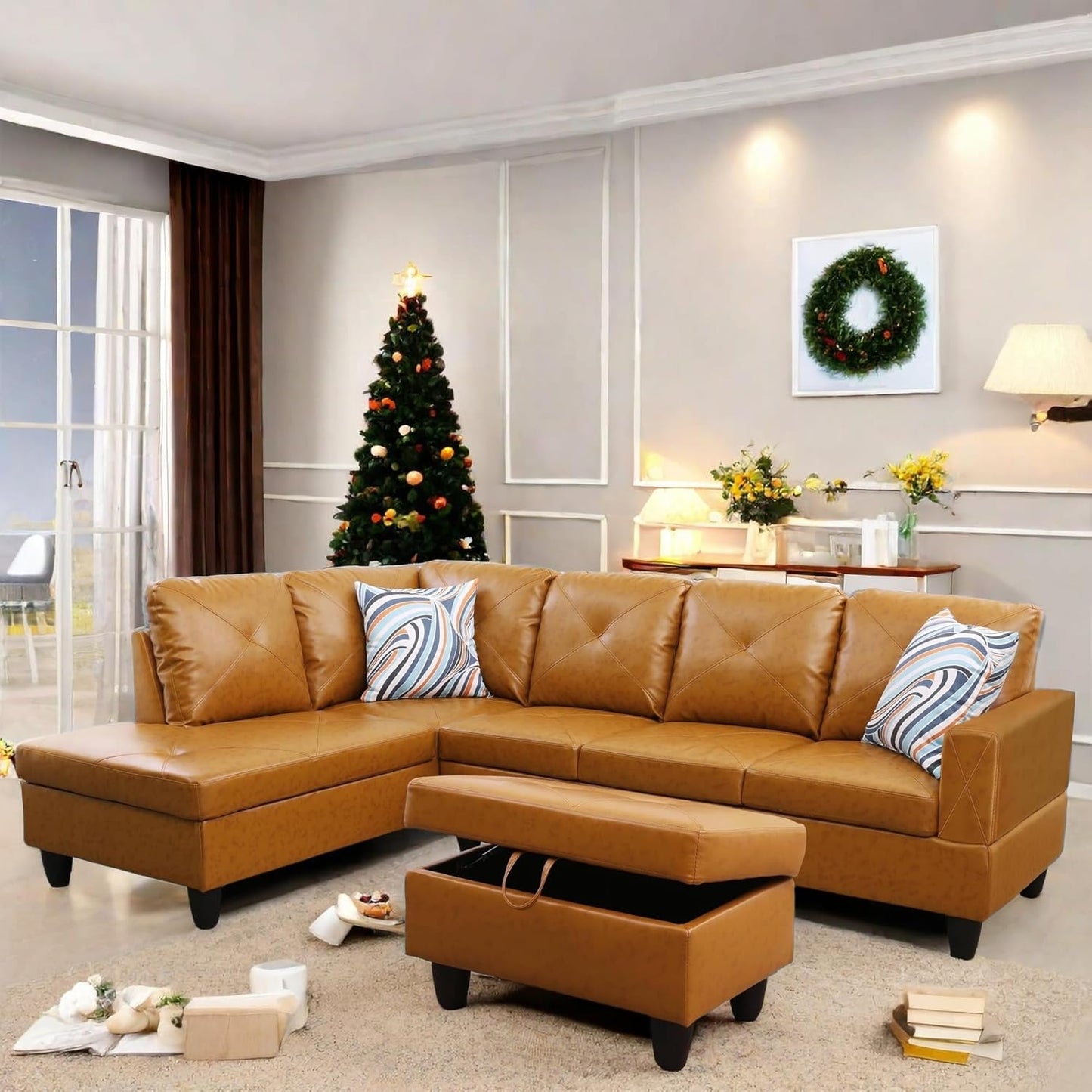 L Shaped Sectional Couch with Otttoman, 97" Leather Sectional Sofa for Living Room Modular Couches with Cup Holders for Bedroom, Apartments, Ginger