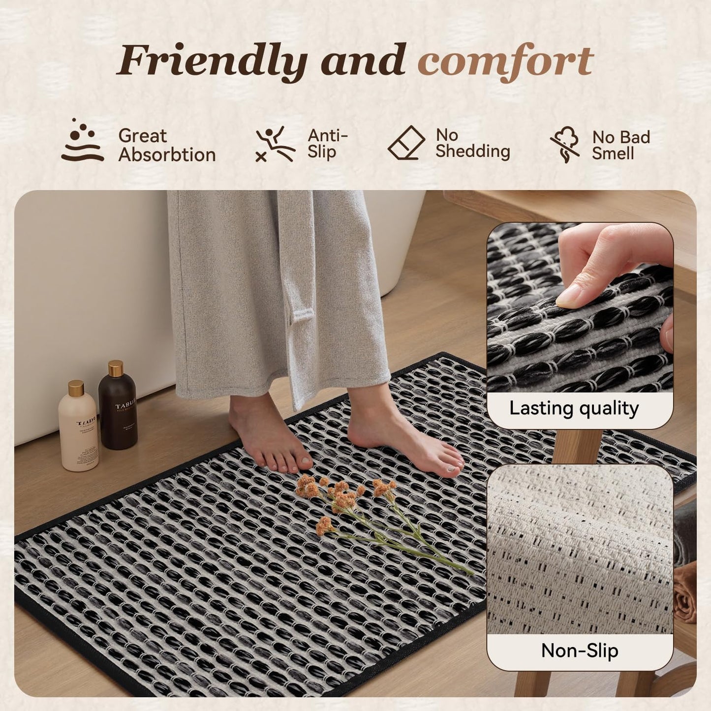 AMOAMI Unique Woven Bath Mat, Super Absorbent Non Slip Bath Mats for Bathroom Floor Textured Bathroom Mat Quick Dry Washable Bath Rug Boho Thin Rugs for Bathroom Beside Tub, 18" x 30", Black