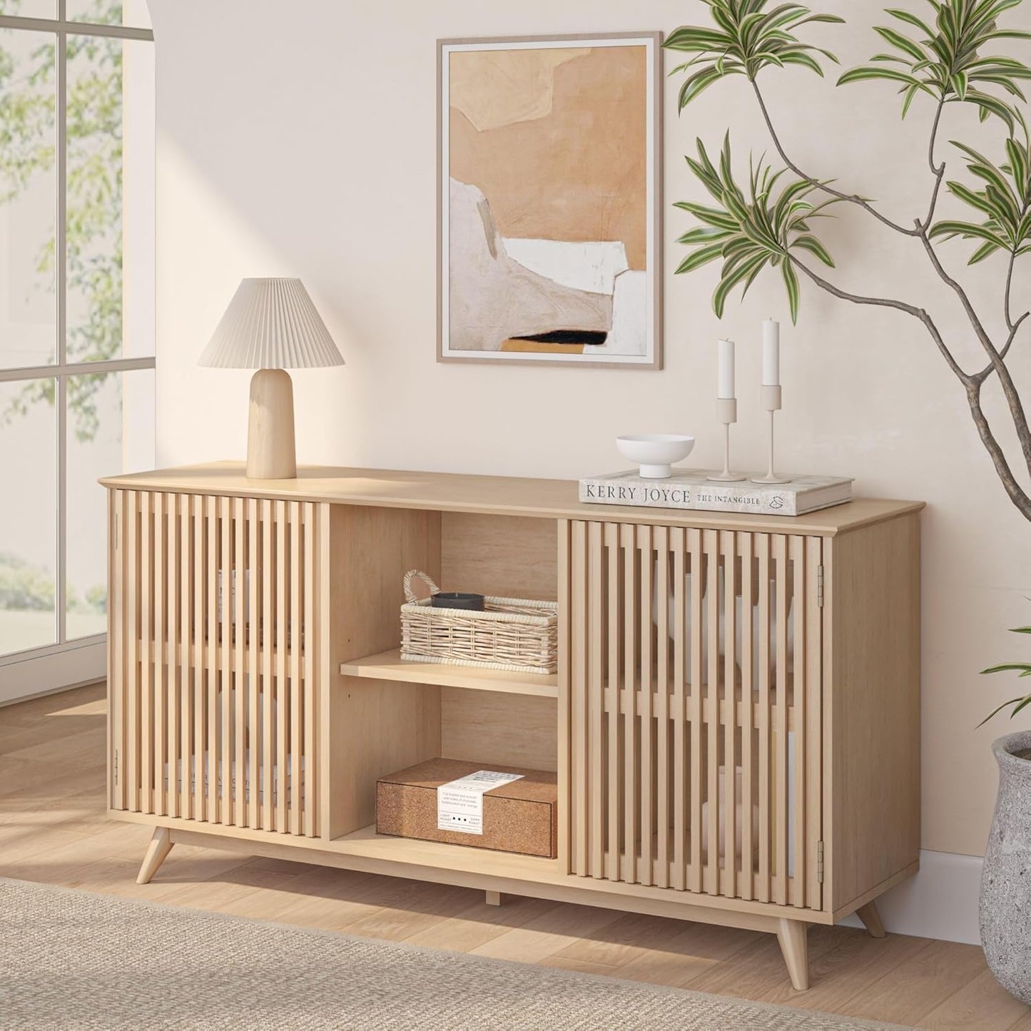 Plank+Beam Mid-Century Modern Wood TV Stand, Solid Wood Entertainment Console with Storage, 59" L x 16" W x 30" H, Blonde