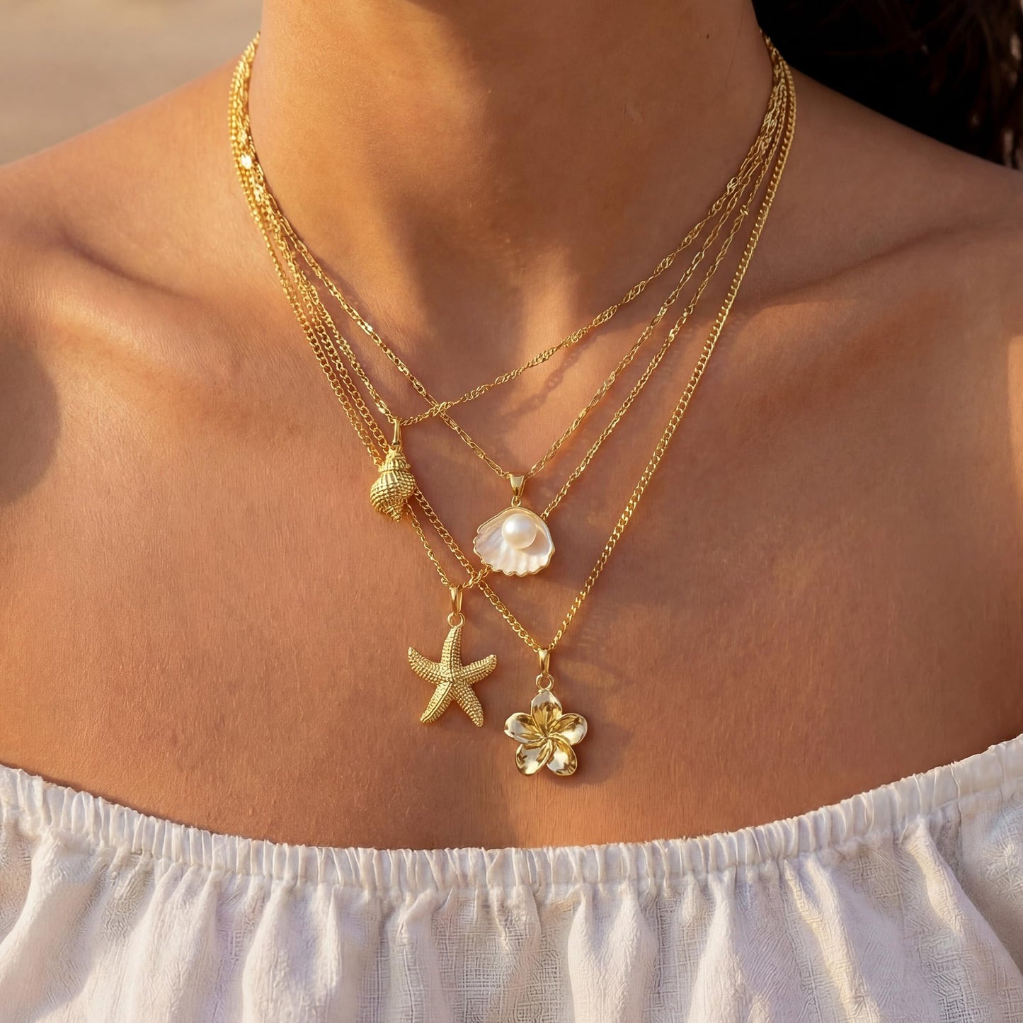 Shell Starfish Necklace for Women, Gold Plated Boho Layered Pendant Necklace with Pearl Conch Charm, Dainty Coastal Summer Beach Vacation Jewelry Gifts(Flower)