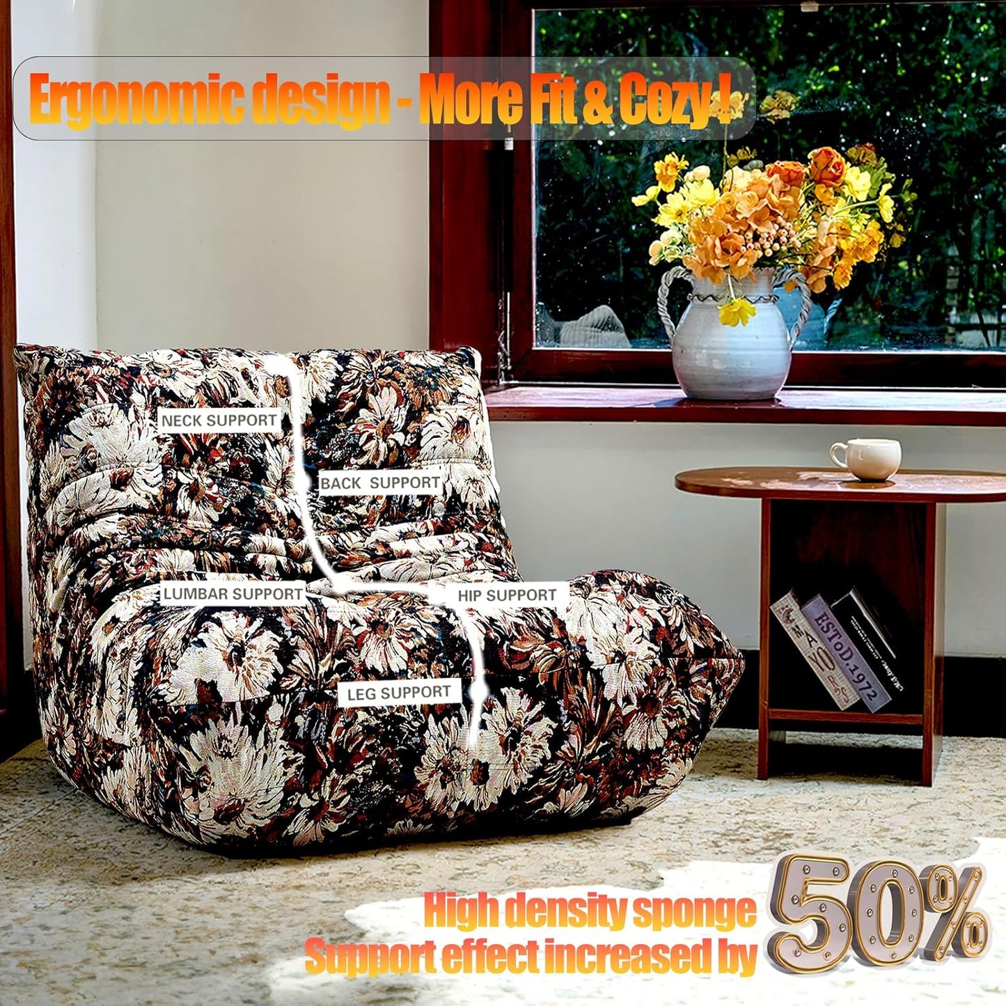 CXC Fireside Chair, Gaming Chair Floor, Large Bean Bag Chairs for Adults, Memory Sponge Lazy Sofa, Ergonomic Design Comfy Couch for Living Room丨 Bedroom丨 Office丨(Happy Flower-Brown, Linen)