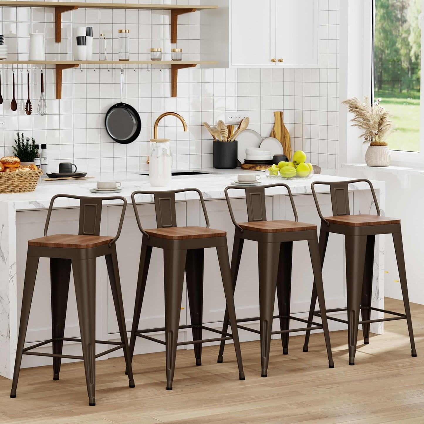 WENTMENT Industrial Rusty Bar Stools Set of 4, 24" Counter Height, Wooden Seat, Removable Back, Stackable