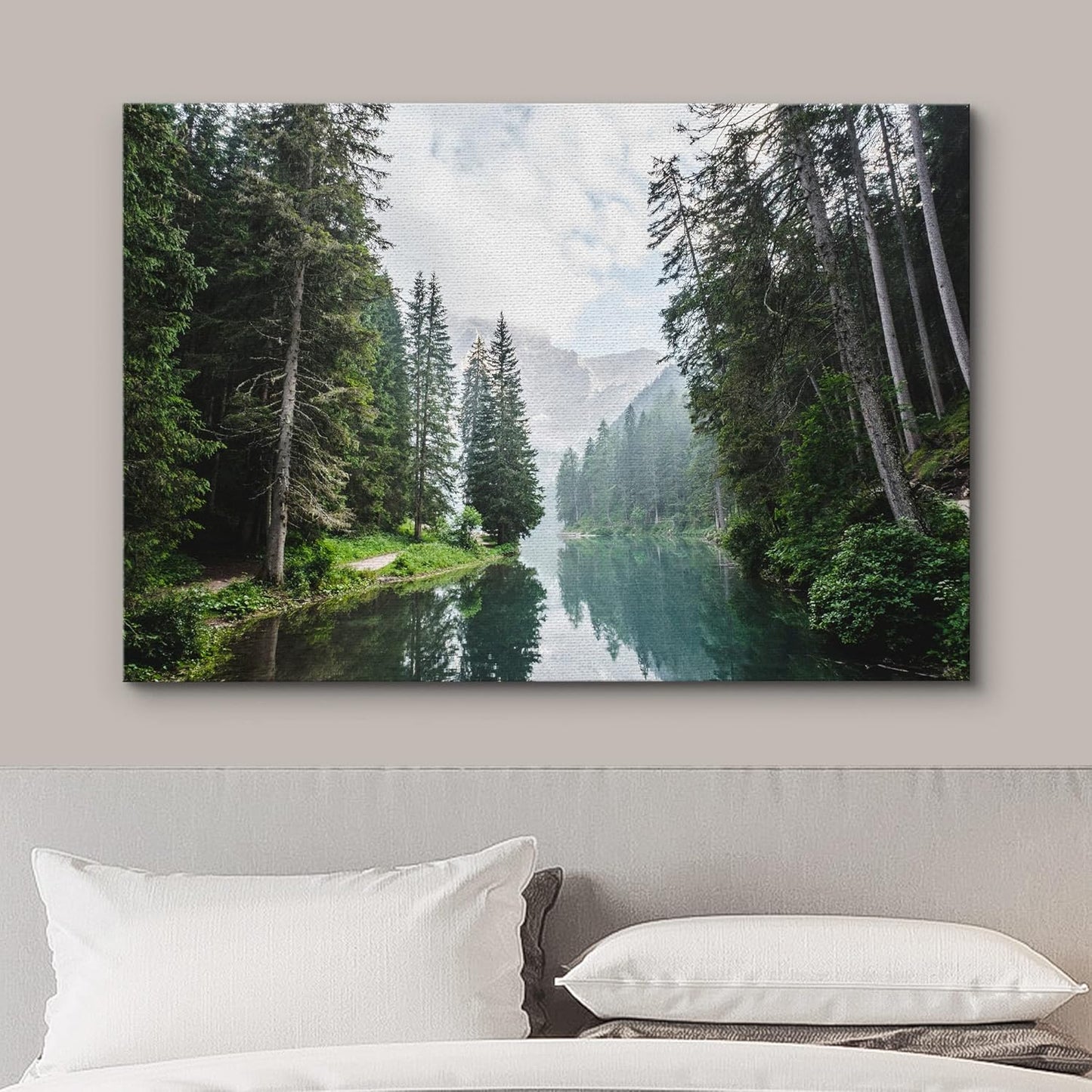 wall26 Canvas Print Wall Art Fall Green Forest with Lake Reflection Nature Wilderness Photography Modern Art Rustic Scenic Colorful Multicolor for Living Room, Bedroom, Office - 16$\