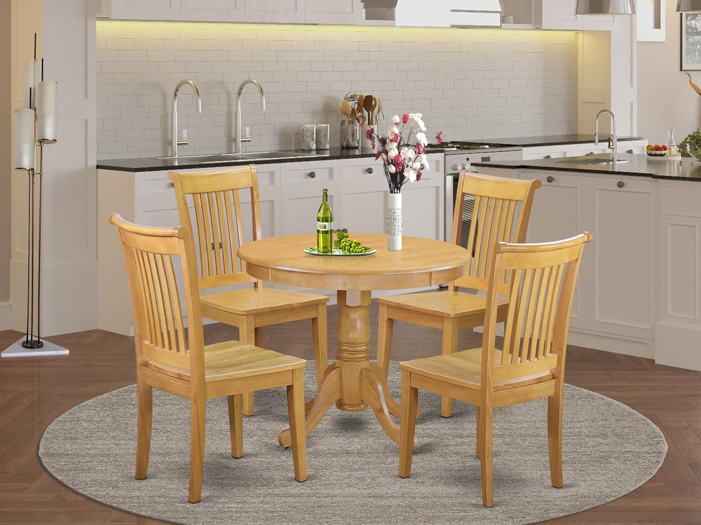 East West Furniture ANPO5-OAK-W 5 Piece Kitchen Table Set for 4 Includes a Round Dining Room Table with Pedestal and 4 Dining Chairs, 36x36 Inch, Oak