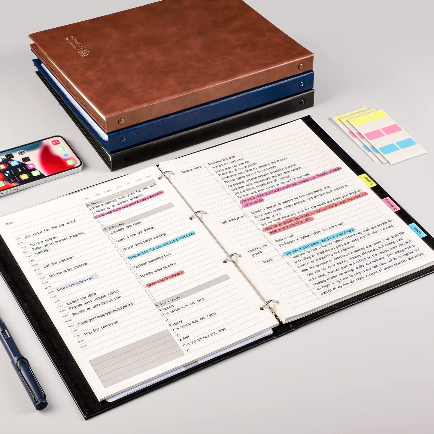 EMSHOI Undated Daily Planner 9.2" X 12", A4 To Do List Notepad, 240 Pages Ring Binder Planner Hardcover Leather Notebook for Work Business Meeting, with Yearly Schedule, Habit Tracker, Blue