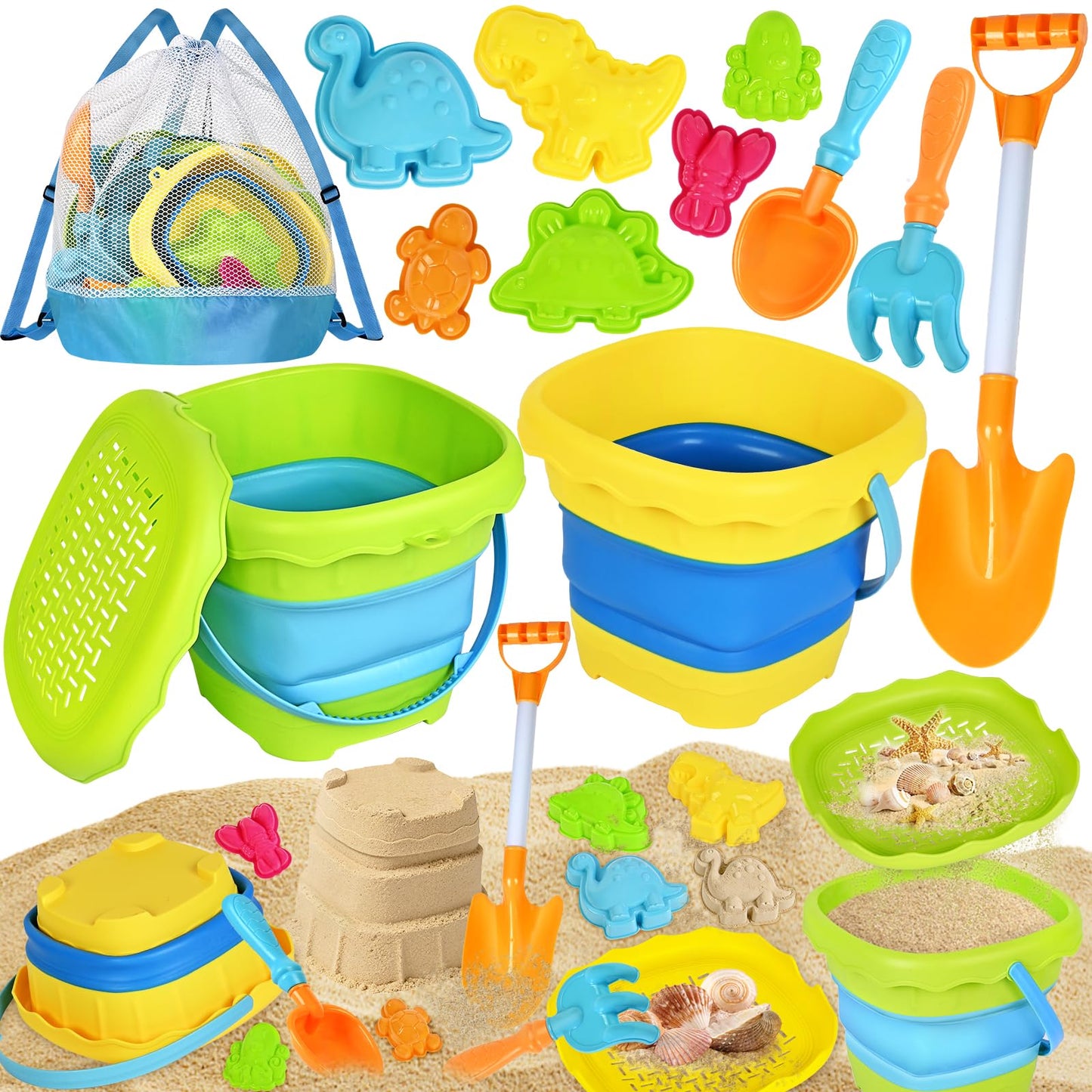AuroTops Beach Toys for Kids,Collapsible Beach Buckets and Shovels Set with Mesh Bag,Sand Rake Toy,Cute Sand Molds for Kids and Toddlers Outdoor Toys,Summer Travel Beach Game Set