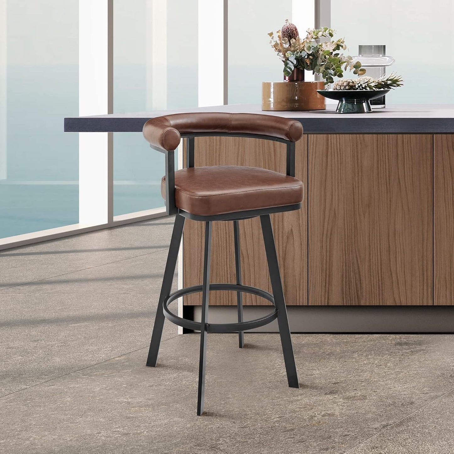 Armen Living Magnolia Swivel Bar Stool in Black Metal with Brown Faux Leather